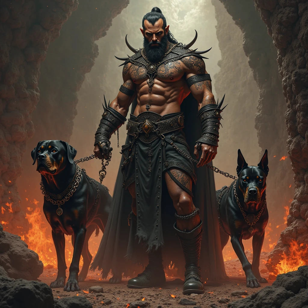 (photorealism:1.2), built up hades, dark fiery skin wearing a black and gold crown, gateway of the greek underworld, fire tattoos on torso and arms, hard lighting, lava in background, fire, souls floating, holding a big sword, giant cerberus chihuahua, menacing pose, realistic, intricate details, warm colors, fire