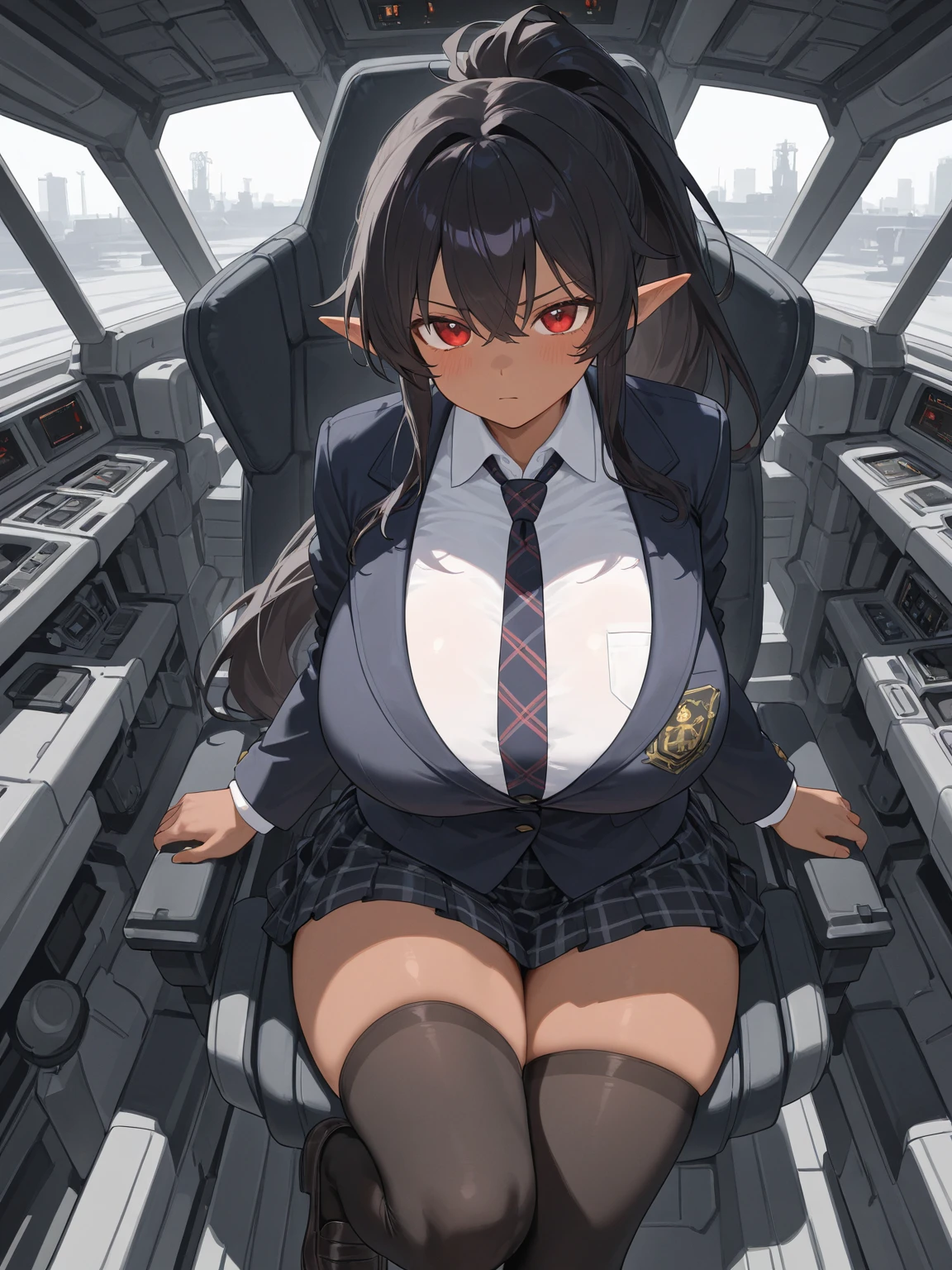 (masterpiece:1.4), (Highest quality:1.3), (high resolution:1.2), Perfect Anatomy, Well-formed face,Accurate depiction,Precise depiction,Beautiful depiction,(Rui々Shishi Body:1.1), (Healthy Body:1.1),(Shiny Hair:1.2), Well-formed face, Glassesをかけた, Glasses, Face, Lewd smile, Large Breasts,Big Breasts, Big Tits, Shaking breasts, Bouncing Breasts, 激しくShaking breasts, 激しくBouncing Breasts, Tight waist,Well-balanced body, Flexible fingers, ,Short,Transistor Grammar, ロリBig Breasts, Wide forehead,Long Hair, Braid, , Hanging eyes, female soldier, Female Operator, headset, income, Headphones with microphone, military jacket, skirt suit, military dress, zipper dress, Skirt with slit, stockings, Neck ribbon, armyboots, Focus on women, Composition seen from the front, Watching the audience, indoor, warship, bridge, bridge, Sci-fi spaceship, 近未来的なindoor, Operation Room, Sit on a chair, Large chair, Recliner, 大型のRecliner, Gaming Chair, Gaming Chairに座る,Sitting, Arms crossed, Her breasts are resting on her folded arms,Clothes stuck with sweat, Erect nipples covered with clothes, Spread your legs, Flip-up skirt, Pantiesが見える, Hands-free, Panties, Pantiesをずらす, vaginal mastur bation , sex toy put a vibrator in pussy, Putting a dildo in pussy, Attach a vibrator to the clitoris, Vibrating rotor,I'm cumming from masturbation, Cumming during mastur bation, A body trembling with ecstasy, orgasm, 愛液で濡れたPanties, (girl trembling with sexual climax:1.3), Estrus female, Pant voice, Whoops, Big and open, Loud, nsfw