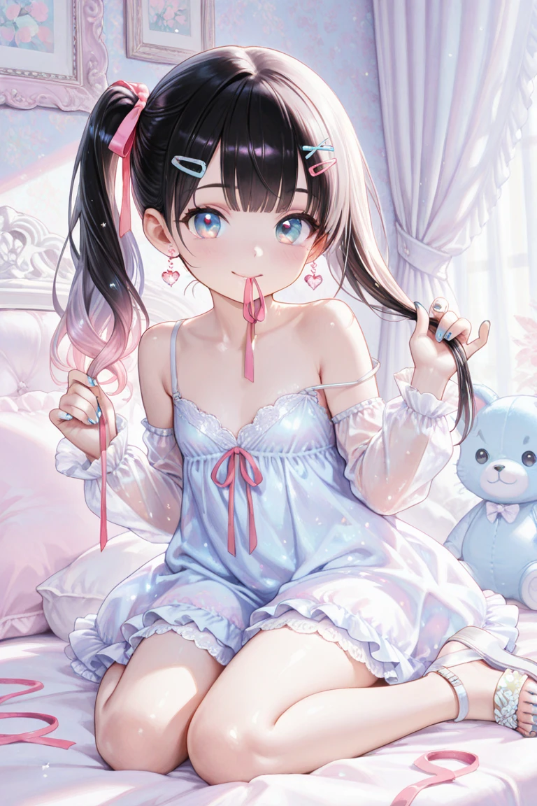 front view,looking at viewer, looking ahead,from above,cowboy shot,1girl,Beautiful 11 year old girl,Japanese,Slender,,low length,Small breasts,Thin legs,Small Ass,Baby Face,Small face,Black Hair,Row Twin Tails,Gray Eyes,Drooping eyes,middle School girls,Sheer black and pink negligee,Sexy Lingerie,open mouth,tongue out,front face,Kneeling,Put your chin forward,Beautiful and detailed anime art,naughty smile,Sexy vibe,cum on tongue,Dimly lit room,On the bed,Simple Background,Gray background,Pink lighting,finger to mouth