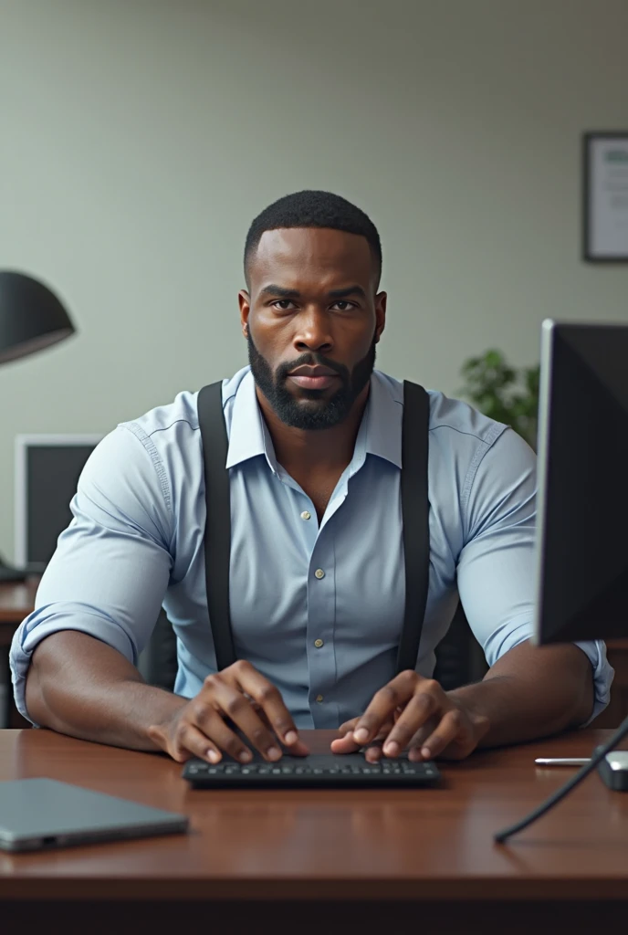 28 years old african american man, sitting in an office