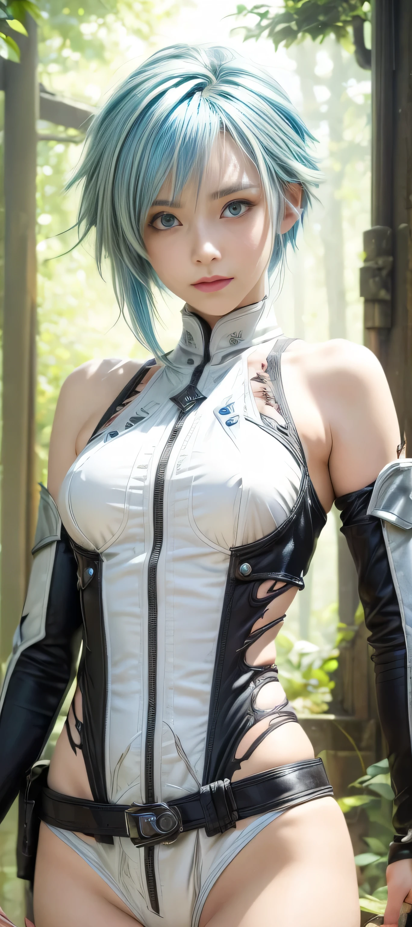 masterpiece, best quality, (realistic,photo-realistic:1.4), (RAW photo:1.2), extremely detailed CG unity 8k wallpaper, delicate and beautiful, amazing,finely detail, official art, absurdres, incredibly absurdres, huge filesize, ultra-detailed,extremely detailed eyes and face,light on face,sinon,(little smile),(blue hair:1.4),(undercut hair:1.5),sidelocks,forest background,(god cloth:1.5) ,(sidelocks:1.3),navel,(armor:1.3),(torn clothes:1.5)