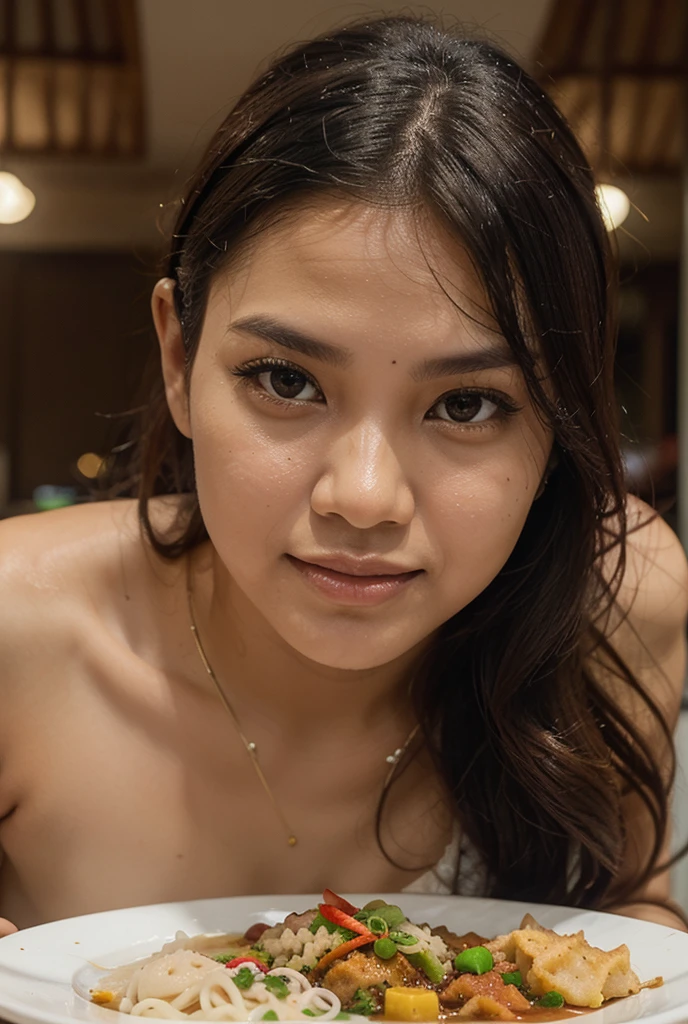 ((Best quality, 8k, Sharp focus, photorealism, Masterpiece :1.3)), dynamic light, A pretty Javanese woman with perfect figure, chubby, short black hair, ((soft breasts, ample cleavage)), (wearing no clothes), palm on breasts, Highly detailed face and skin texture, Detailed eyes, Double eyelid, braless, small nipples, dynamic rendering , nsfw, kayes_onic_ml, balcony background