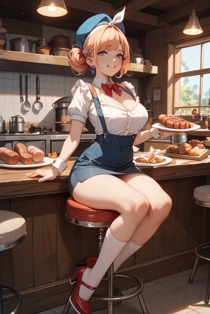Blonde girl eating steak at steakhouse　Wearing sneakers　High leg shorts with suspenders　Large Breasts　Showing her belly button　Ultra low rise　Knee-high socks　　No underwear　Belt on chest