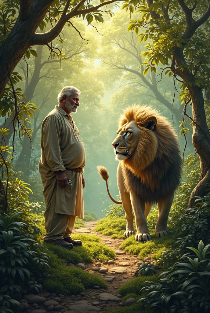 A lion stare at a old man in jungle besides river