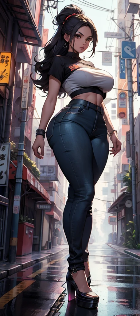 "A towering Giantess in a cool and laid-back hippie style is rocking a crop top and baggy pants. Her toned and athletic build hints at her massive strength. She seems to be casually strolling through the bustling cityscape of GTS City, as towering buildings loom overhead. Smoke and clouds roil around her, adding to the sense of epic scale and drama. The lighting is dark, gloomy, and realistic, creating a tense and ominous atmosphere. The perspective is from below, emphasizing the sheer majesty and power of the Giantess. (Gigantic breasts: 1.7)"