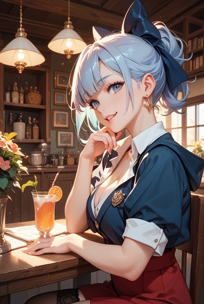 anime, anapal, a woman, tall, (((dark tanned skin))), (sideboob), dark silver hair, deep blue eyes, white dress with open back and bibs, blue ribbon, red long skirt, blue dress pants, a pair of gold bracelets on her left arm and a blue and white bracelet on her right wrist, 8k, Unreal Engine 5, octane render, by kyun, gamang, Yoon Gon-Ji, g.ho, gosonjak, shuroop, serious, domi, noah, trending on pixiv, fanbox, skeb, masterpiece, smooth soft skin, big dreamy eyes, beautiful intricate colored hair, symmetrical, anime wide eyes, soft lighting, concept art, digital painting,  <lora:anapal:0.7>