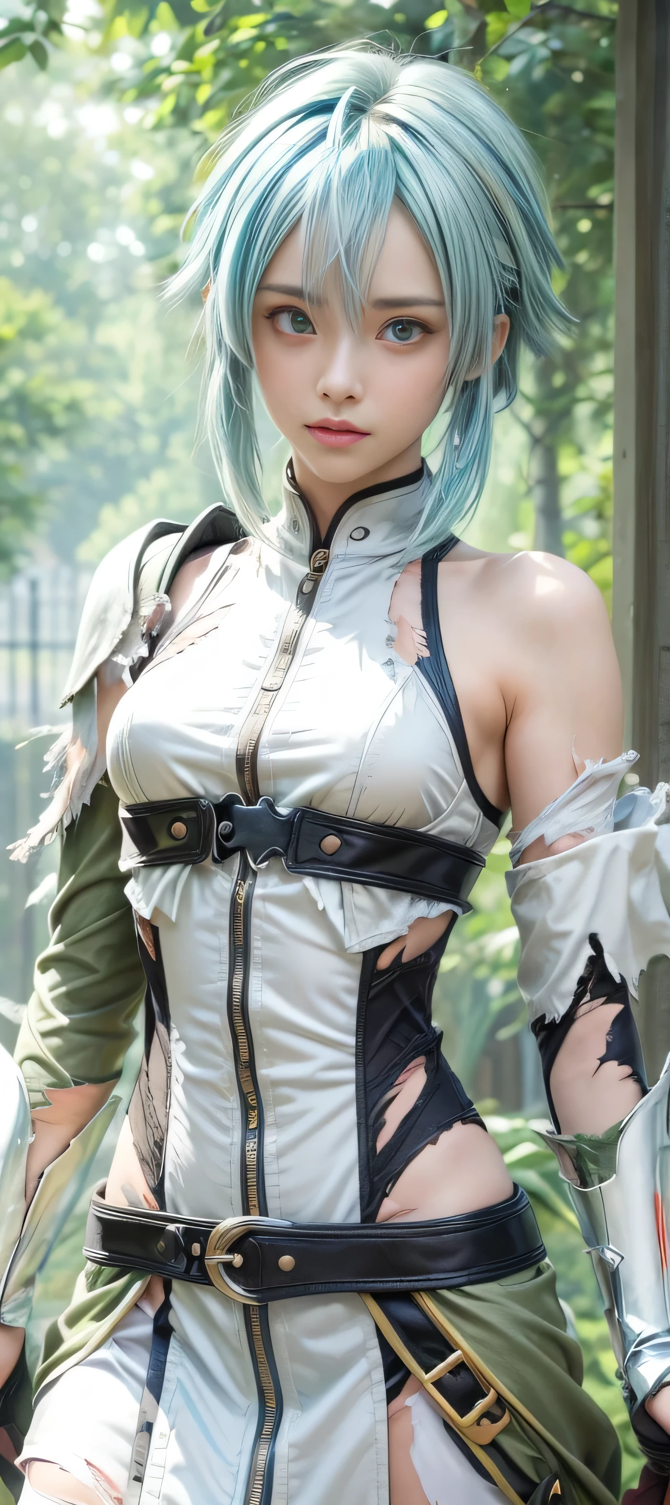 masterpiece, best quality, (realistic,photo-realistic:1.4), (RAW photo:1.2), extremely detailed CG unity 8k wallpaper, delicate and beautiful, amazing,finely detail, official art, absurdres, incredibly absurdres, huge filesize, ultra-detailed,extremely detailed eyes and face,light on face,sinon,(little smile),(blue hair:1.4),(undercut hair:1.5),sidelocks,forest background,(god cloth:1.5) ,(sidelocks:1.3),navel,(armor:1.3),(torn clothes:1.5)