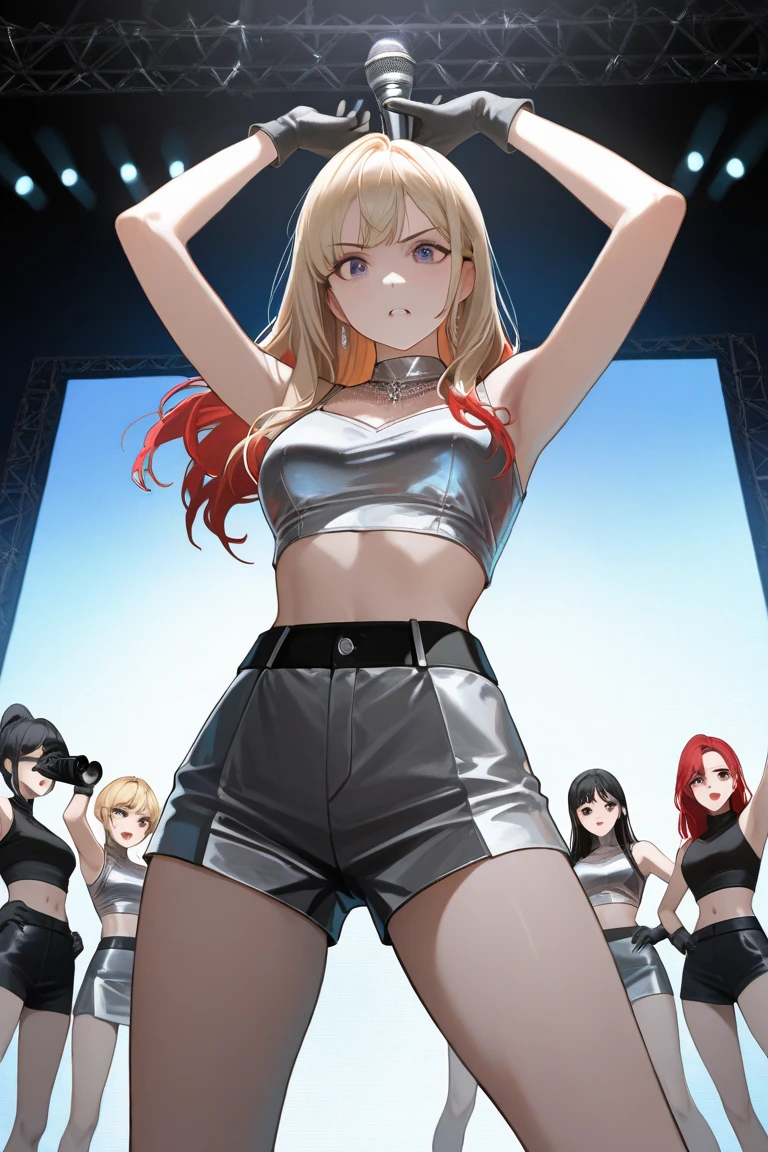 mature female, stage, dancing, laser lights, pop stars, <lora:cwc-000006:1> cwc, (color circle:1.20), multiple girls, 5girls, <lora:GoodHands-beta2:1>