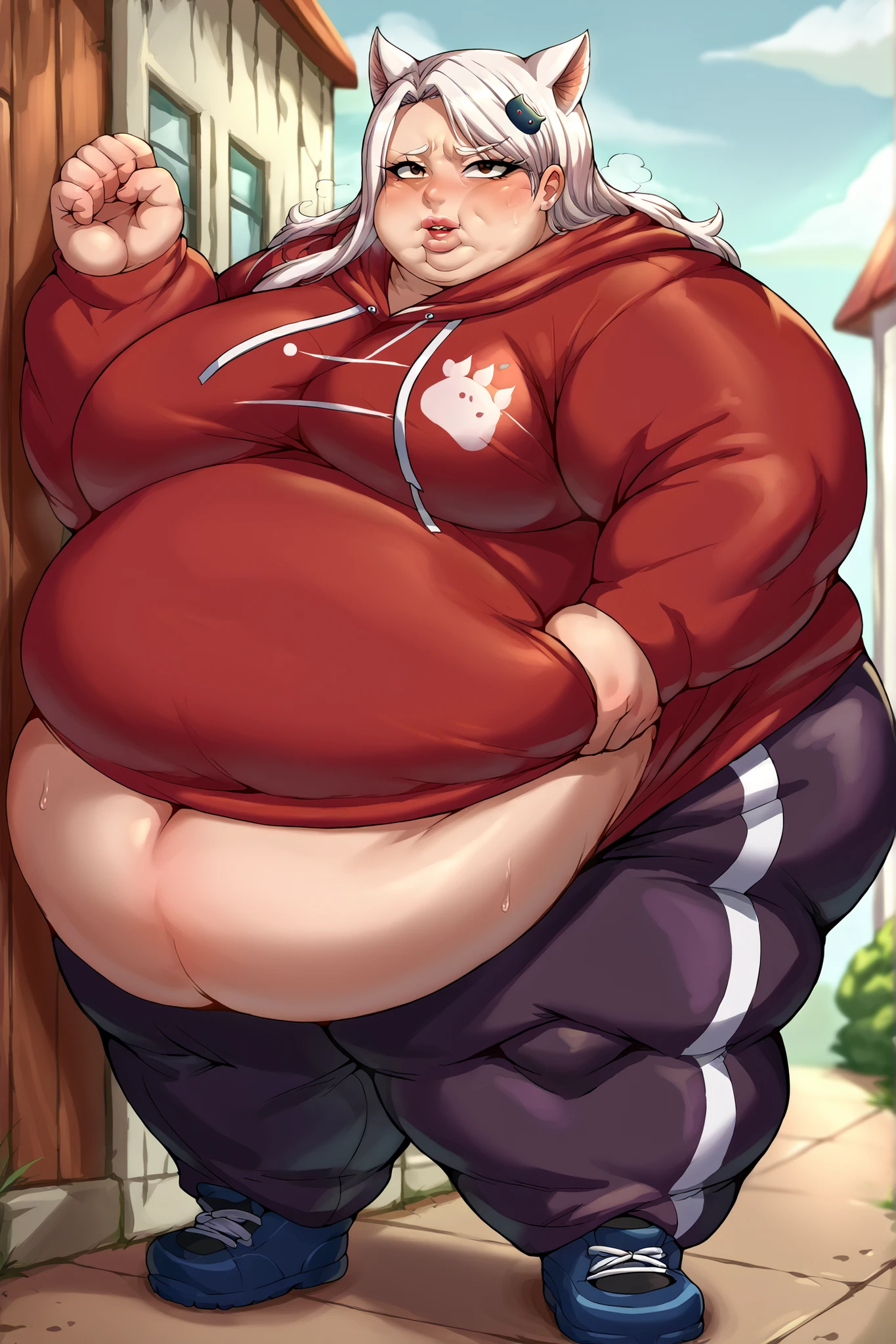 big belly, sitting, pregnant, fat, large stomach, fatty, fat, large belly, standing, fat belly, very fat, large stomach, chubby,very fat, safe for work, obese, giant belly, fat, huge, heavy, very fat, safe for work, fat, large belly, big belly, very fat, large stomach, chubby (best quality, masterpiece), collei genshin impact, Christmas, wearing sweater, table with food, fat,