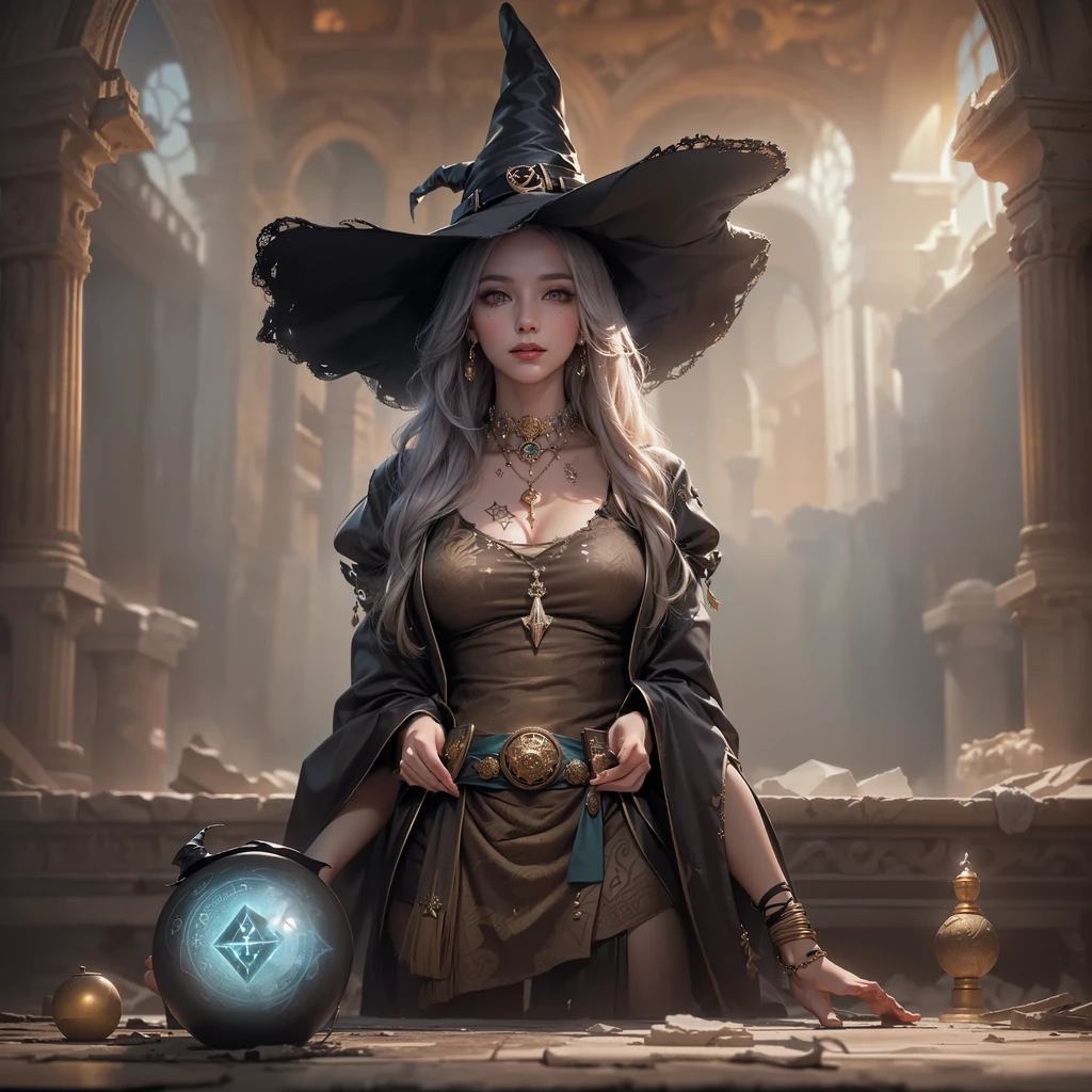 medieval setting, full view of body, 1 female elf mage,beatiful smokey eyes, silver hair, black mage robe with gambeson, wizard hat, leather boots