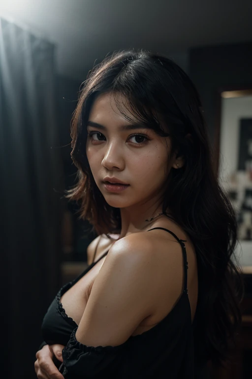 highest quality, epic realistic, ((in the pitch black darkness :1.4)), ((portrait:1.5)),(background: dark ) high contrast ,glorious picture, lowest lux, bright face, she's comfortable, ( ample cleavage ), looks incredible, (8k, Raw photo, Highest quality),(epic realistic:1.5), an Indonesian woman, face,(detailed eyes:0.8),(looking at the camera:1.4), (Highest quality), ( high contrast, deep shadows),Intricate details,cinematic,((skin:1.4)), (long dark hair:1.3), long hair, messy ,(Hdr:1.5),Detailed, colors, Superior quality, Masterpiece, Raw Photo (20-year-old, looking at viewer), beautiful, (wearing opened red shirt,), perfect, natural, perfect composition, portrait, perfect face, soft smile, Captivating eyes, Bright details, Tight lips, (High Skin Detail),, (blue tint: 0.6), (sale: 0.8), (bloody: 0.7), Key lighting , (backlight: 0.5), Medium depth of field, Canon 5d, 50mm lens, f/4 apertures, (Ultra-detailed, Complex detail), sharp focus, soft colors, 8k, Absurd, 80mm, bokeh background, photography, neon lights background, flare
