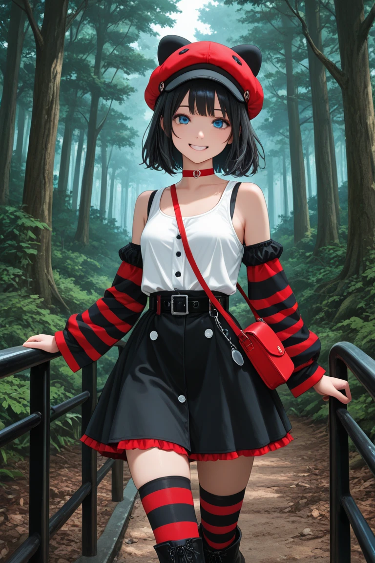 (masterpiece), 1girl, solo, standing in a forest, arrogant face, looking at viewer, front, big breasts, front, cleavage, short girl, evil smile, breast focus, smirk, height 145cm, mmarnie, aqua eyes, black choker, red ribbon, pink dress, jewelry, black jacket, open clothes