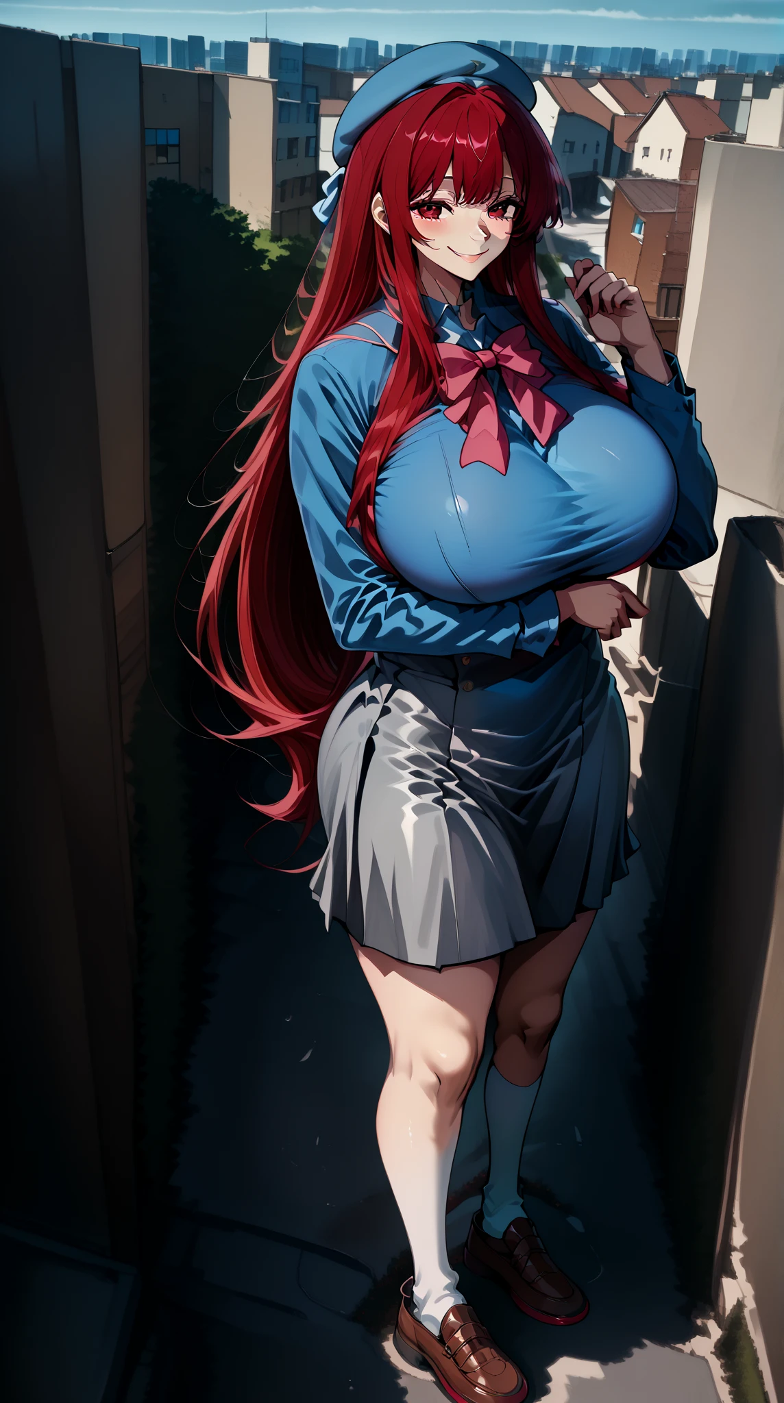 (ultra realistic,32k, masterpiece:1.2),(high detailed skin:1.1),( high quality:1.1),
(happy:1.1),hex maniac, long orange-red hair, white hairband, purple eyes,shirt, short sleeves, ruffle skirt, thigh highs, blurry background,,(looking at viewer, standing,:1.1),, (massisve breast,huge breast,large breast:1.1),(lighting:1.1),