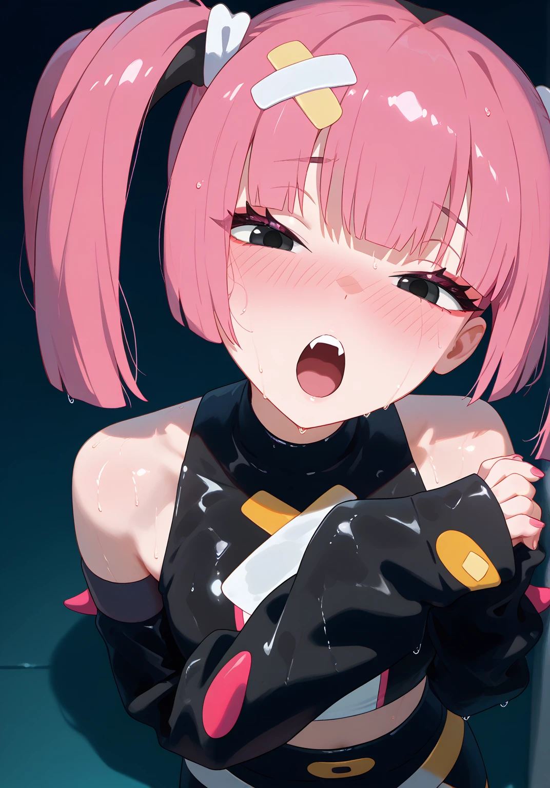 Slender body girl in yellow glossw tight plug suit, pink short hair, masterpiece, white background, BRAKE (sweat:1.5), (steam:1.2), (masturbation:1.2), (girl trembling with sexual climax:1.1), (looking at viewer:1.3), (open mouth:1.2), (Chains that cling to the body: 1.2), (Collar: 1.3), (Bracelet: 1.3)