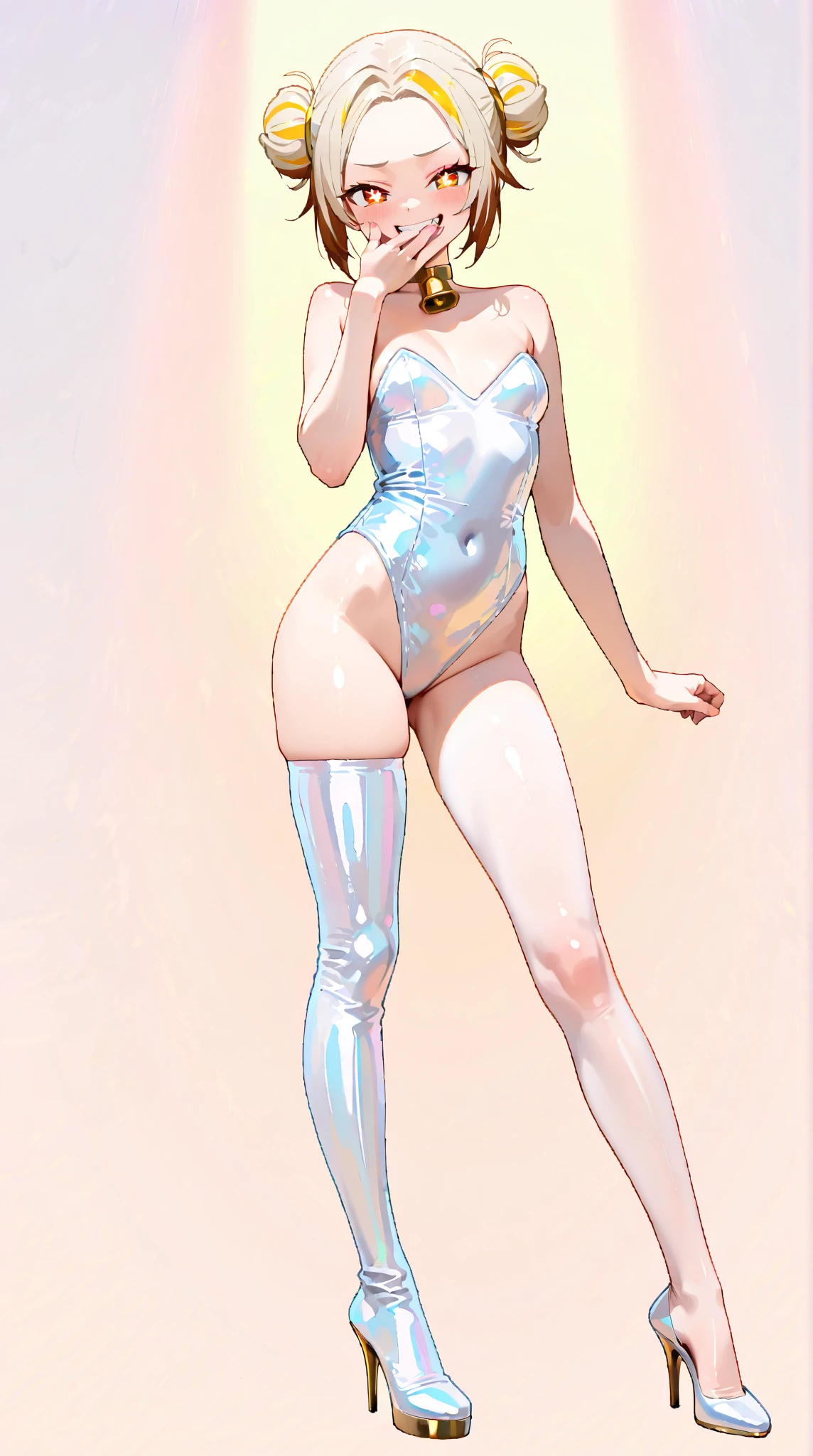 skinny, naked, high. Floating in the vastness of space in the galaxy. full-length naked. silver hair, in heels