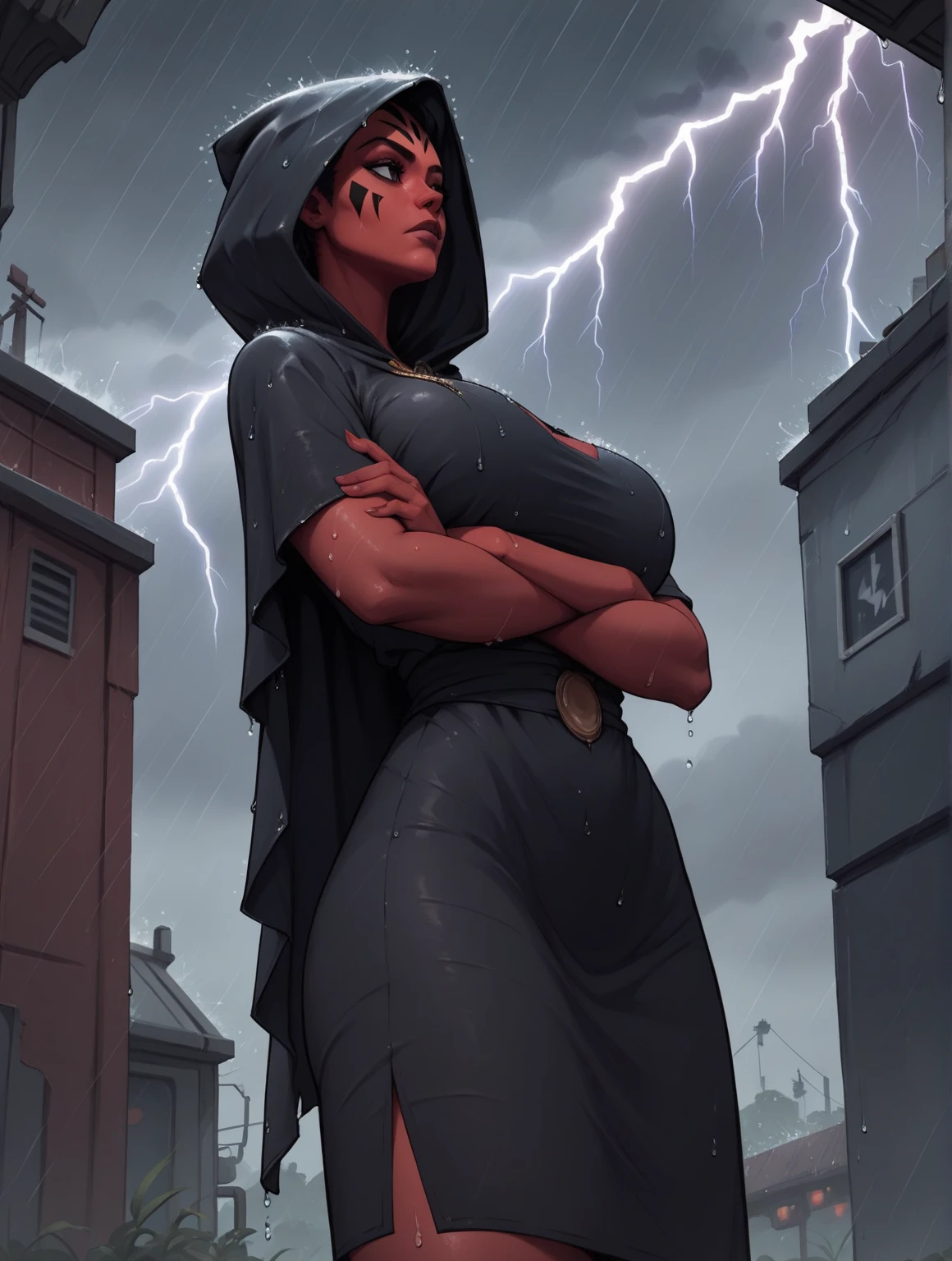 city, fog, (huge boobs), (huge hips), darkness woman black hair, black red hoodie mini dress, pantyhose, hood, gloves, fog, boom, ( lightning background), (((two arms crossed hoodie))),