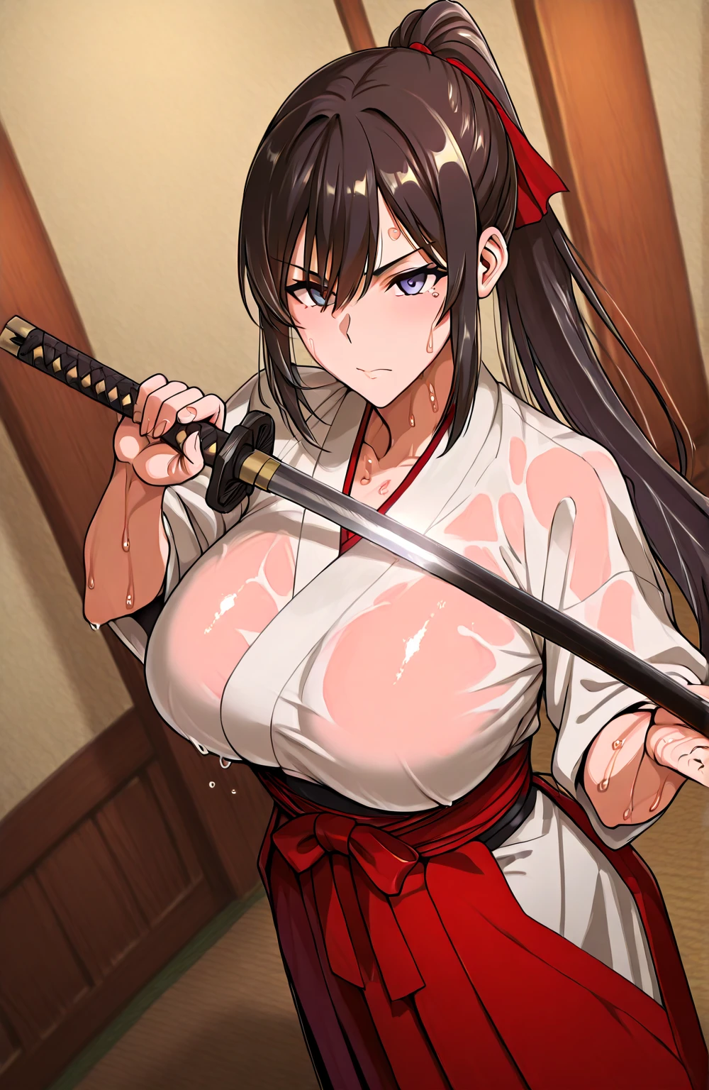 ((masterpiece, best quality, high resolution, UHD, pixel perfect, depth of field, 8k, RTX, HDR))cowboy shot, BREAK, 1girl, single, alone, beautiful anime girl, beautiful art style, anime character, ((style of Akame Ga Kill!)),((long hair, black hair)), (round eyes, beautiful eyelashes, realistic eyes), big chest 1.8, with cleavage, neckline, blushing, wears a red band on her head, with a white Busdist kimono, BREAK, in pose dynamic, holding a katana with one hand in a old dojo of japan