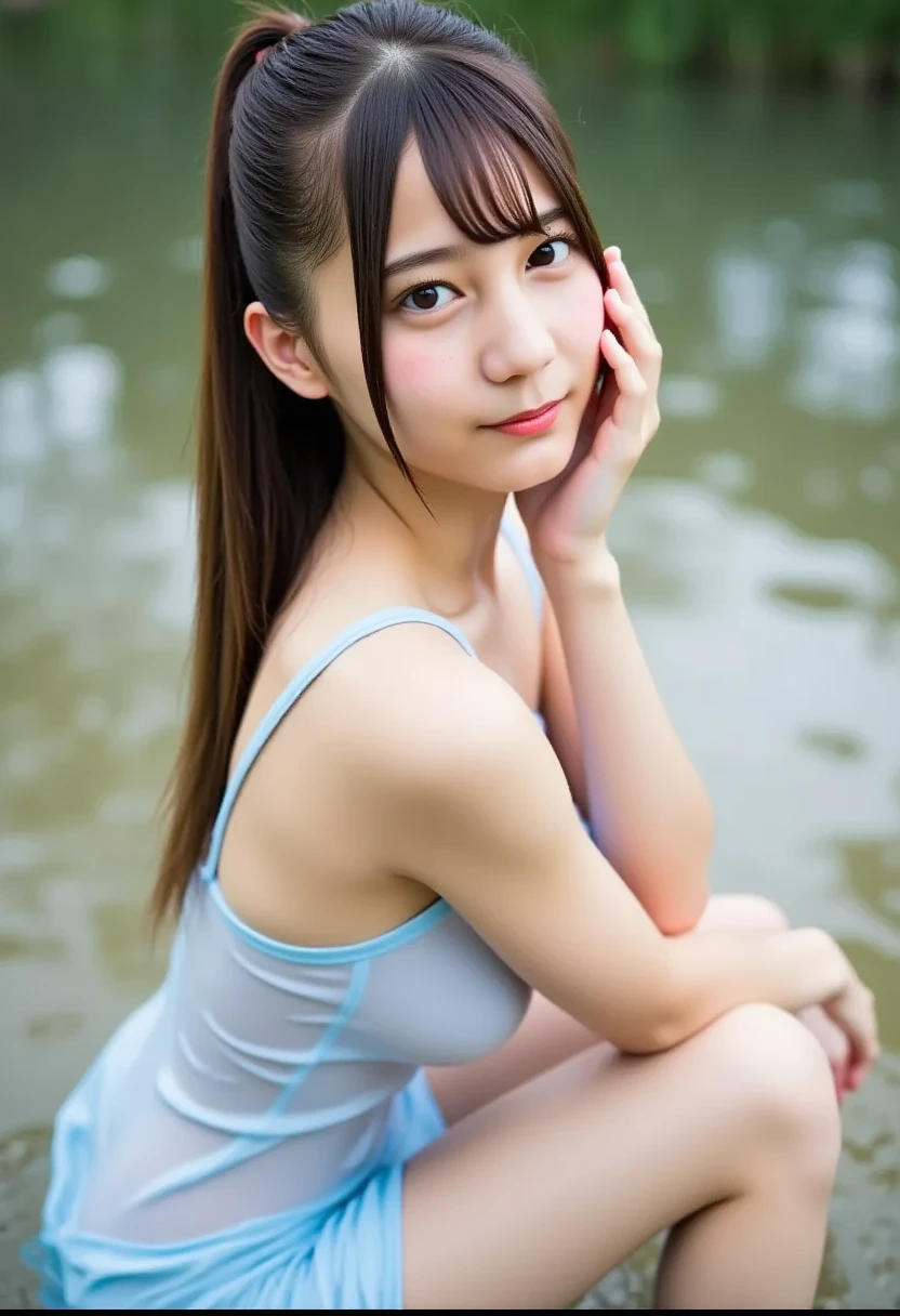 1girl in, (masutepiece:1.1), (Best Quality:1.1)、detailed photo、petite person、(Slimed、small tit、flat boobs、small tit)、sexy pose:1.2、Wet body、sodden、sexy pose、Wet body、sodden、A slender、From above、Delicate and sexy collarbone、16-year-old woman、(Navy Blue Sport Mini Dress)、Painted from head to knee、Show your teeth and laugh out loud