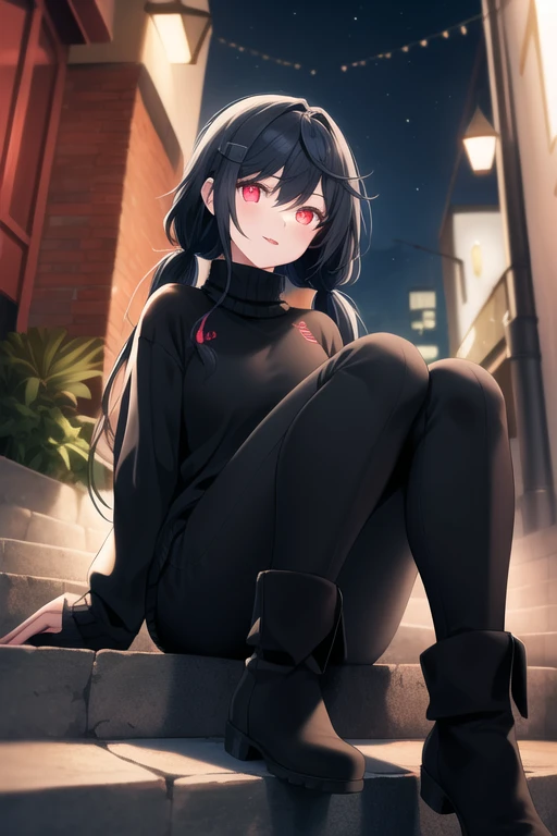 woman, City of night, coat, put one's hand in one's pocket bitter smile troubled face sad face Details are scene description 幻想的なCity of night wearing sneakers Sitting on the road wearing black tights