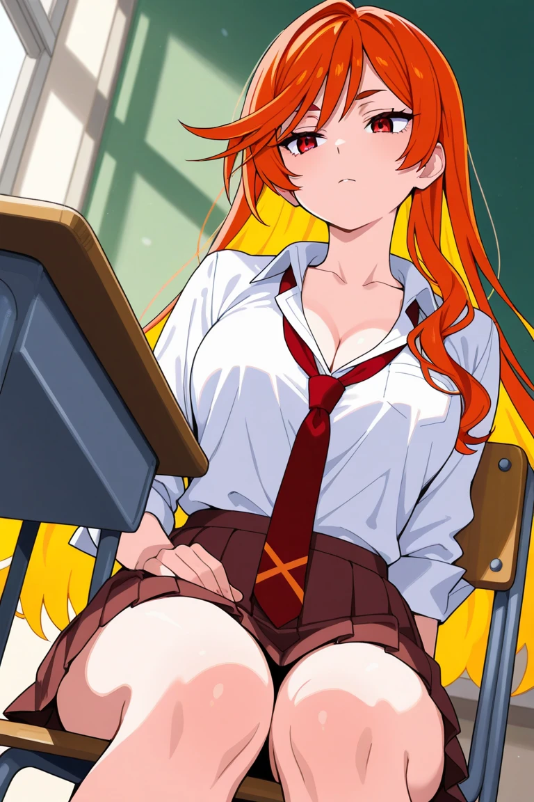 Shikinami Asuka Langley, (Futanari, Big penis), mini skirt, Jacket, Half-naked, Erect nipples, Small breasts, whole body, Sit at a desk, Highlight the penis, Wide legged, Massive  