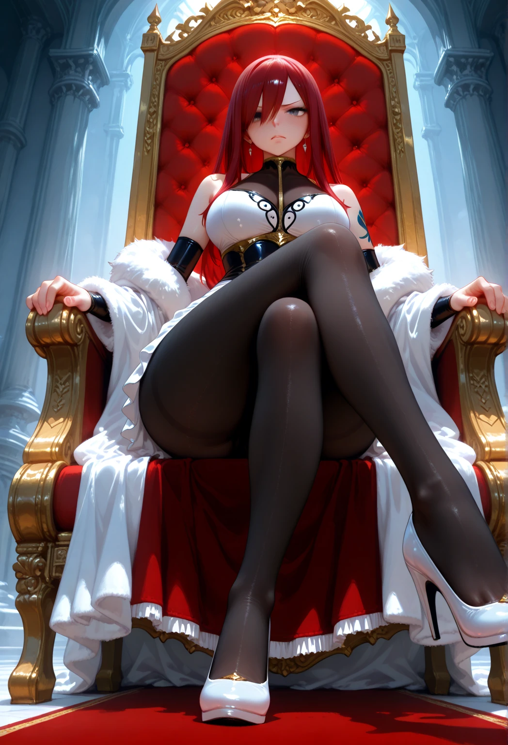 envision a 8k, highres, cinematic, beautiful full body design sheet of a girl named Elizabeth Rose Bloodflame with long red hair, ahoge, hair ornament, earrings, sleeveless dress, white dress, asymmetrical dress, see-through cleavage, white belt, white jacket, off-shoulder, blue fire, black gloves, single glove, white thighhighs, single thighhigh, against a dark background