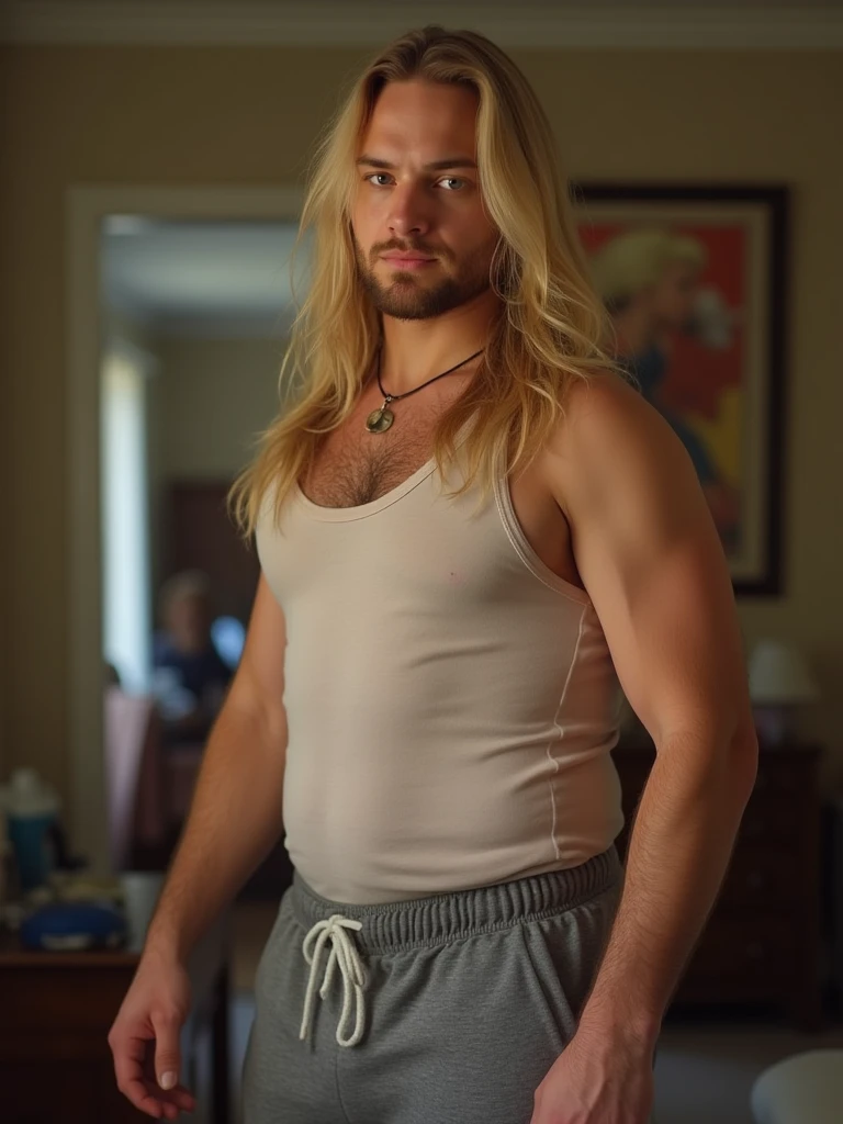 A high quality photo. (full body photo). Hard, dramatic lighting, seductive ((35 year old man)), topless, crouching in front of a conveninece store window outside, eyes looking away, mouth slightly open, frilly sheer bottoms, pale skin and a shoulder length blonde straight wig, (shaved smooth face), (shaved legs), deep red lipstick, pink blush, (The silhouette of a man’s leg, close to the camera facing away filling right side of the photo)