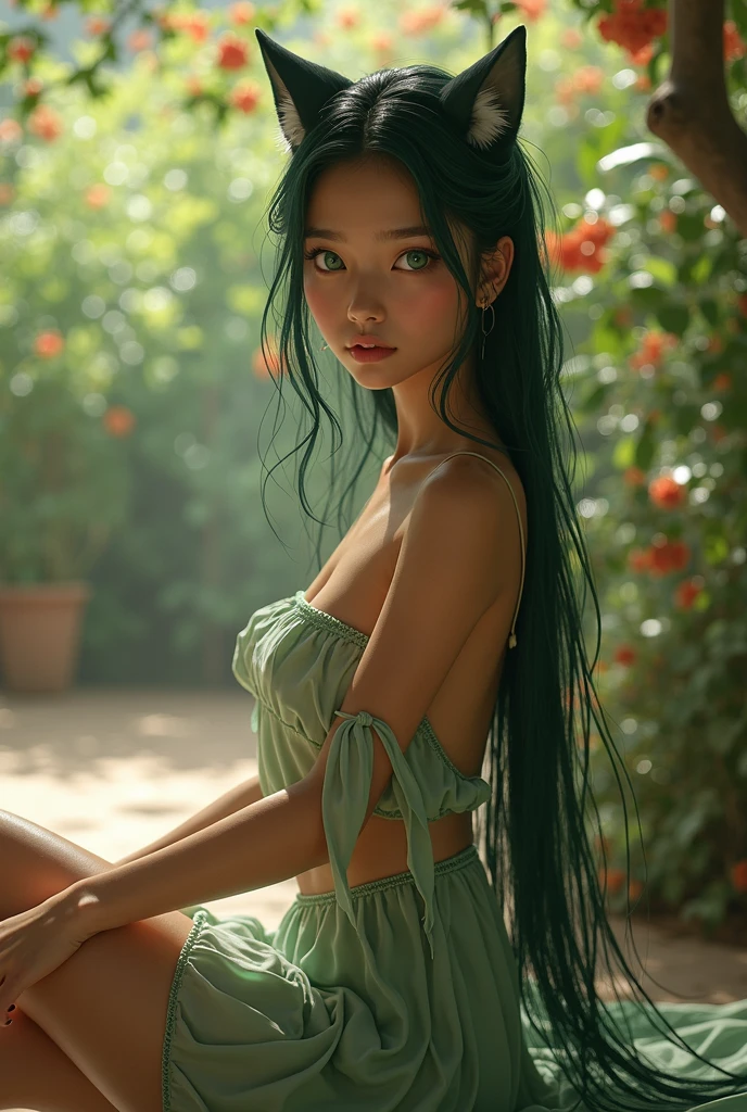 Detailed portrait of a beautiful young female tree spirit in the forest. Long flowing dark green hair in a high ponytail, long tight white dress, delicate facial features, beautifully detailed eyes and lips, very ample breasts, six pack, navel, detailed thighs, sensual smile, arms crossed to hold large breasts centered, sensual pose, intricate flower crown, sunlight filtering through the trees, lush green foliage, cinematic lighting, elegant dreamy pastel color palette, (Highest Quality, 4k, 8k, High Resolution, Masterpiece: 1.2), Ultra Detailed, (Realistic, Photorealistic, Photorealistic: 1.37)