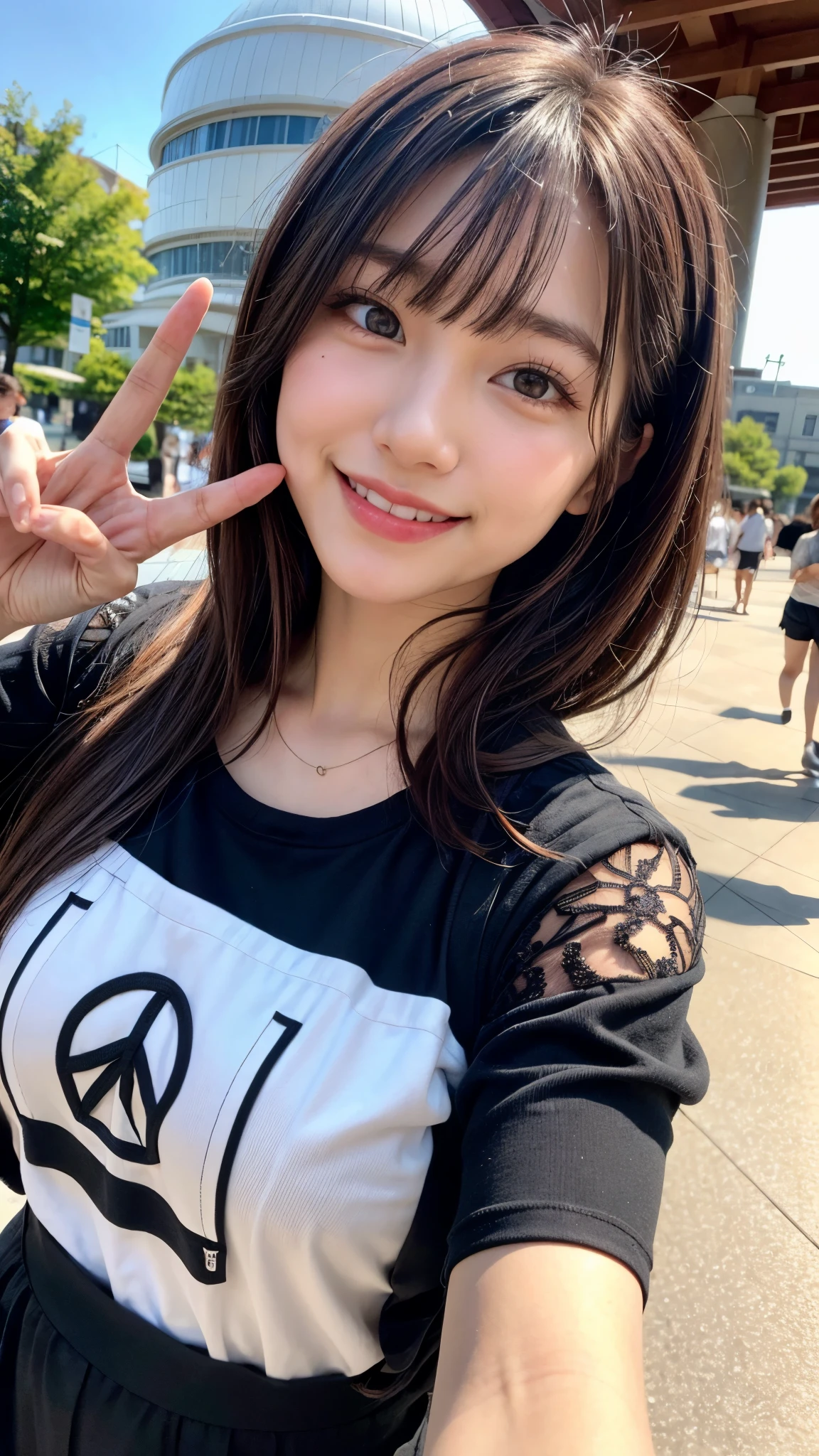 long tongue,Laughing with your mouth wide open and showing your teeth,Natural smile,(((peace sign))),peace sign,peace sign,Japanese girl,20 year old girl,Beauty,Beautiful face,Cute face,Mischievous expression,Tank top,