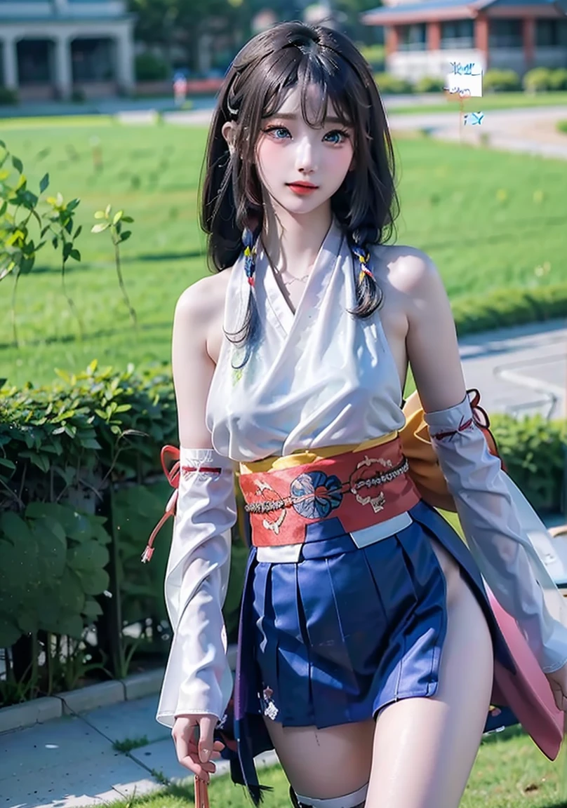 <Quality improvement prompts>
BREAK
(large_breast:1.4),(beautiful thighs:1.4),(midriff-baring:1.5),1girl,(21yo,idol,Cute perform on stage:1.2),
<Other character appearance prompts>
(kimono style armband,japanese style tie,silk vest,check pleated skirt,frilled dress shirts,short sleeve,high school uniform:1.5),floral pattern hair band,red,blue
BREAK,
(white over-knee-socks:1.15),(zettai ryouiki:1.3),
BREAK, ((highest quality、8K、masterpiece:1.3))、sharp focus:1.2、(genuine、photogenuineistic:1.37)、(shining smile:1.5)、beautiful face woman、28 years old、pointed chest、long eyelashes、colored contact lenses、big breasts 、delicate、very fine eyes、highly detailed eyebrows、(sharp eyebrows)、(thin eyebrows).highly detailed face、(((beautiful feet:1.3)))、((beautiful breasts:1.3)、(brunette tousled hair)、(28 years old女性:1.2)、(Korean)、
<expression、illumination、background、Other prompts>