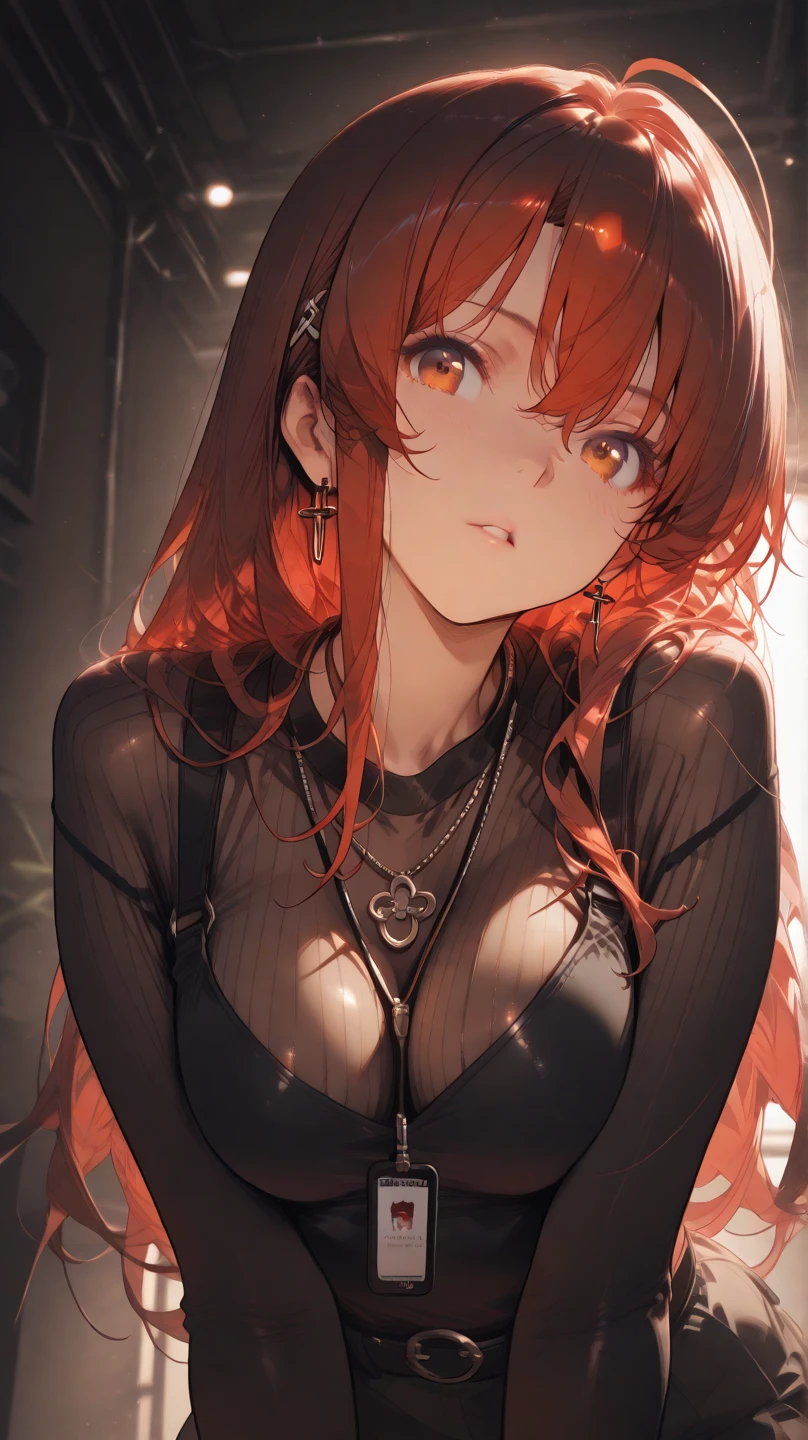 ((sexy dress)))A girl, The character Makima from the anime series Chainsaw Man, fragile, makima, Beautiful figure, Skinny black pants, cowboy shot, leaning forward, holding dog leash, pulling leash, looking at viewer, looking down at viewer, red hair, Orange Eyes, white shirt, sexypose, Realistic, Very detailed, handsome body, Detailed body, Detailed hands, Detailed, Vibrants, Detailed Face, Makima's character design. Very detailed, Detailed body, Detailed hands, Detailed Face, anime art, extremely detailed CG unity 8k wallpaper, detailed light, Cinematic lighting, chromatic aberration, glittering, expressionless, epic composition, dark in the background, Cherecter Desing, Very detailed, Detailed body, Vibrants, Detailed Face, sharp-focus, anime art, Vibrants, Detailed Face, Hugh Details, sharp-focus, Very drooping face, A detailed eye, super fine illustration, better shadow, finely detail, Beautiful detailed glow, Beautiful detailed, Extremely detailed, expressionless, epic composition, Presented at artstation, Octane Render, artstation hd, Cinematic, 4 thousand., hypermaximalist, elegant