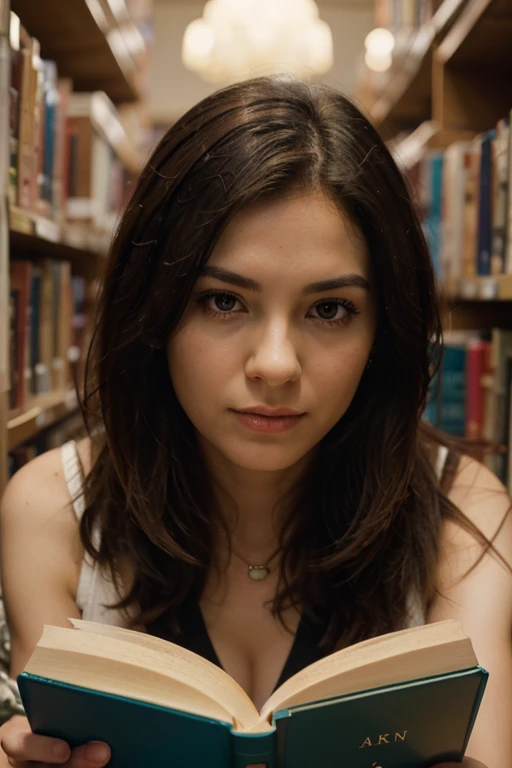 a woman, 25ear old, long brunette hairs, textured skin, romantic smile, a lot of details, plan large, inside an abandoned library, Haunted house, ruine, salopette en cuire, wet white t-shirt, dust spots