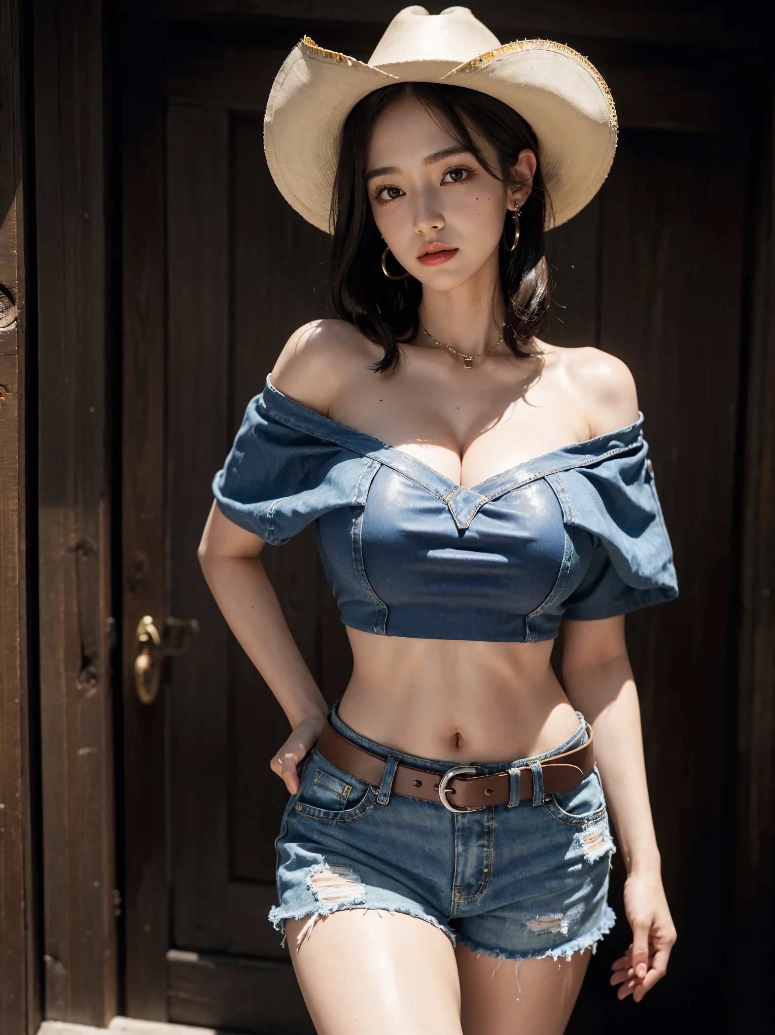 (8k, RAW photo, best quality, masterpiece: 1.2), (realistic, realistic: 1.4), (200mm Sigma f/1.2 ZEISS lens, F1.2, 1/200s, ISO 100, Photo: 1.4), (Professional Lighting, Film Lighting, Soft Lighting, Bright: 1.2), Delicate, Ultra Detailed, Beautiful, Extremely Detailed Eyes and Face, Full Body Shot, Long Legs, Sexy Cowboy Girl, Red Lips, Super Attractive, Black Cowboy Hat, (Blue Short Jeans 0.4), White Heels, Denim Belt with Revolver in Holster, Black Lace-trimmed Bra White Shirt, Black Long Hair, Prairie Background, Wild West Style, Do Sexy Pose, Big Breasts