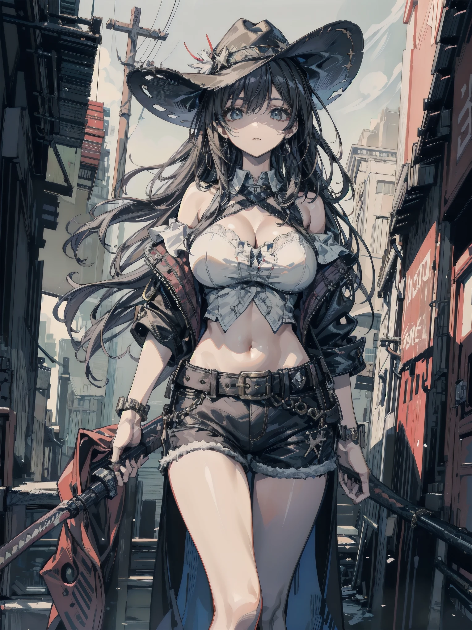 absurdres, RAW photo, extremely delicate and beautiful, masterpiece, Best Quality, ultra high resolution, 32k, hyperrealistic, ultra-detailed, detailed description, perfect anatomy, pale skin, 20 years old, detailed beautiful face and eyes, tearful mole, earring, short medium hair, wavy hair, whole body shot, colossal tits, cowgirl costume, vest, cowboy hat, fingerless gloves, midriff, neckerchief, short skirt, holster, ((yuri)), (((2 girls))),