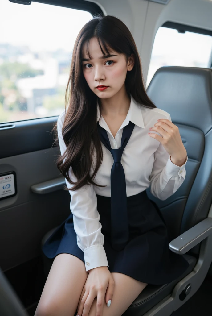(Best-quality, Masterpiece, Ultra-High-Resolution, (Photorealistic:1.4), Raw Photo, depth of field, professional lighting, perfect anatomy, extremely details), 1girl, 15-years-old, the most famous Japanese idol, sitting on train, ((wearing Japanese high-school uniform)), looking at viewer, ((feeling very strong sexual arousal and very strong sexual pleasure):1.4), extremely cute face, extremely cute and extremely big eyes, extremely beautiful skins, extremely cute hair, extremely cute long-eyelashes, extremely cute lips, extremely cute body,