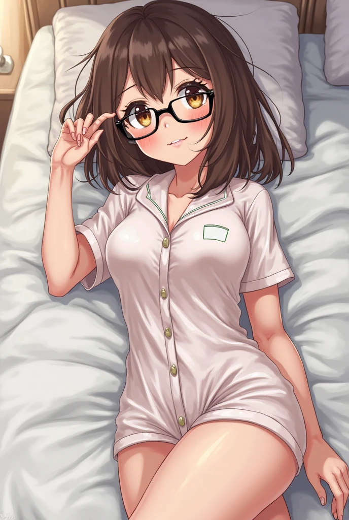 （Highest quality，4K，8k，High resolution，masterpiece：1.4），Super detailed，Detailed aspect：1.3，Wear glasses，Perfect body，Big Breasts，fashion，summer，Sleeping in bed，Anime Style