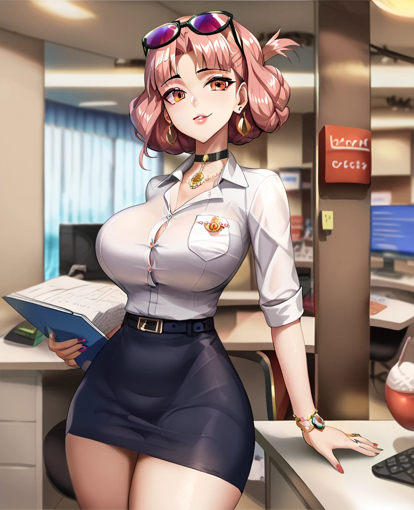 masterpiece, best quality, highres, hhmarine, short hair, beret, heterochromia, black choker, lanyard, cleavage, sleeveless shirt, collared shirt, white shirt, high-waist skirt, blue skirt, black pantyhose, office, sitting, desk, chair, keyboard \(computer\),