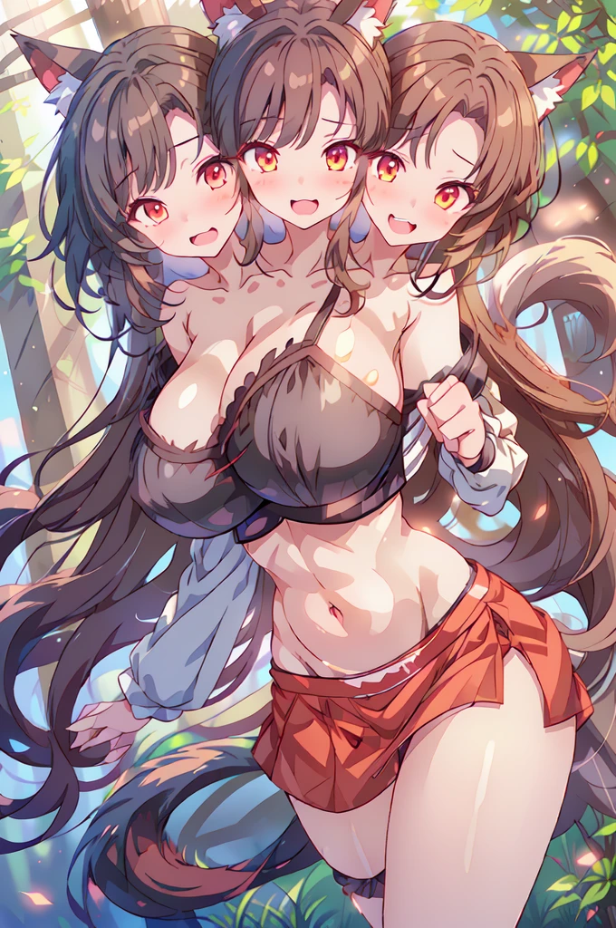 (masterpiece, best quality), best quality, (ultra-detailed), ((3heads:1.5)), 1girl, (kagerou imaizumi:1.3), masterpiece, ultra quality, ultra resolution, ultra detail, best quality, red, white, and black hash-patterned top, crop top, ((stomach)), midriff, ((groin)), red, white, and black hash-patterned skirt, frilled skirt, miniskirt, normal ears, shackles, hip-length dark auburn hair, very long hair, wavy hair, ((brunette)), sidelocks, red eyes, parted lips, open belly, smiling, cute smile, cute, toned belly, hand on own chest, eyelashes, (2 woman:1.3), (masterpiece:1.5), (best quality:1.5), (beautiful detailed extremely detailed CG, extremely delicate and beautiful, depth of field, (finely detailed face), (perfect details:1.3), ( female:1.3), sexy b, slender, large veiny breast, 1olution, highres, high quality, high definition, extremely detailed, masterpiece, hip-length dark auburn hair, long hair, alluring presence, twin braid, short skirt, close up, very big breasts, hu young, wolf ears,open belly, girl with three heads, three headed girl,