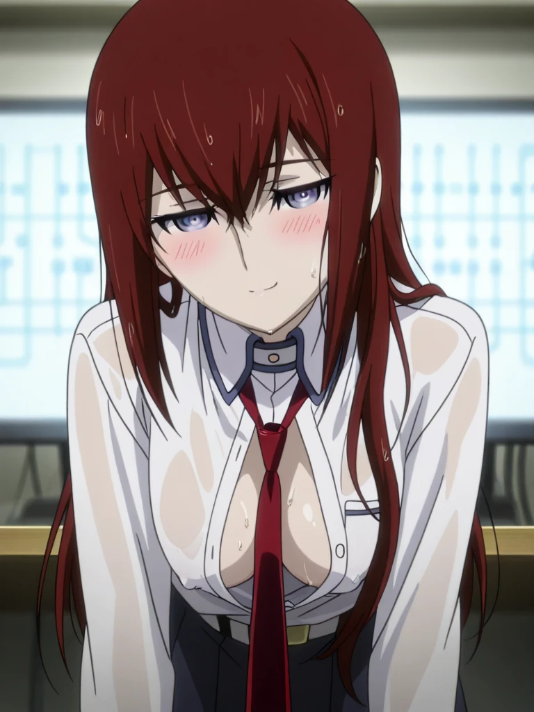 ((Highest quality, High resolution,  Pixel perfect,  4K)), (1 person),  (Beautiful Anime), 
Observe the audience, 
Perfect body,  

 Long Hair　、　Wavy Hair　,  Bright red hair　、Side part　、Super big breasts　　、　(Purple Eyes)　、　Detailed eyes、

(blush),  Embarrassing　、Climax　、Close your mouth　、Provocative look　、
(Nurse 1.2) 　、　Cleavage　　、
Cowboy Shot　　、　