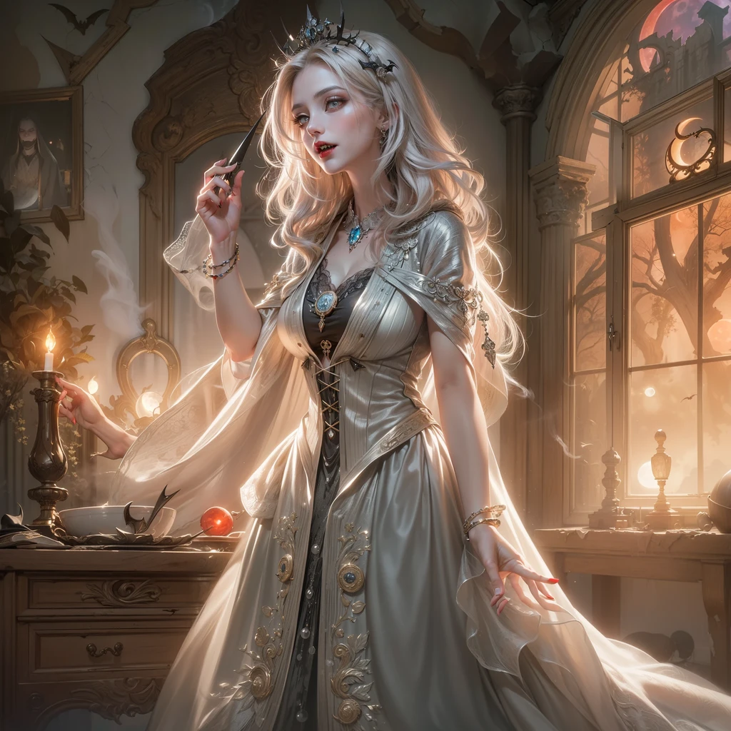 A magical castle is the setting for a grown woman, com cabelos longos brancos, com olhos azuis vestindo roupas brancas e douradas. The magic of a dragon of light adds a fantastic touch.