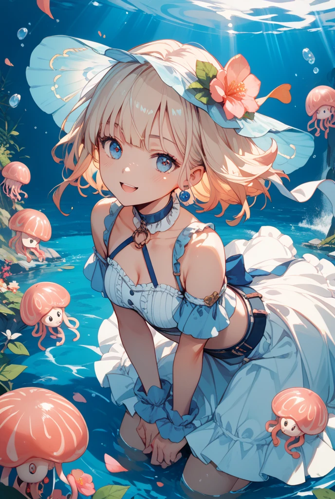 Jellyfish hat, jellyfish nipple seal, bikini and jellyfish fusion, active pose, natural luminescence, pigtails, small breasts, lower breasts, female brat, thick eyebrows, thin waist, beautiful blonde, braid, (masterpiece), ((highest quality)), (super detailed), girl, (beautiful eyes)), beautiful detailed eyes, clean and detailed face, five fingers, textile shading, perfect anatomy,