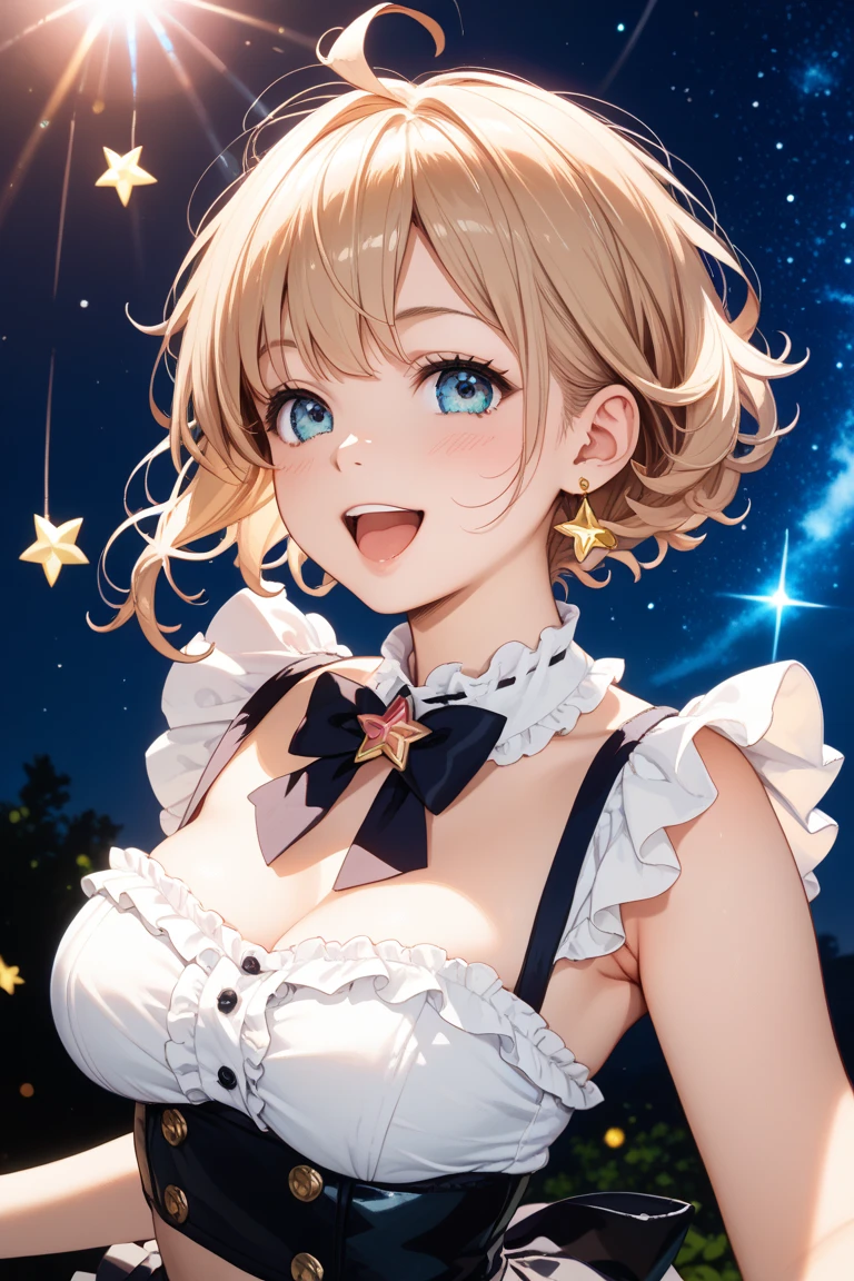 1girl, bright, blonde, light blue eyes, star motif, short hair, uniform bangs, multicolored hair, princess, dog, saleme, side lights, light particles, wallpaper, big, plump, idol, idol costume, cute costume, fabulous costume, dress, bikini, loose, fluffy, smile, gentle, clear, loli