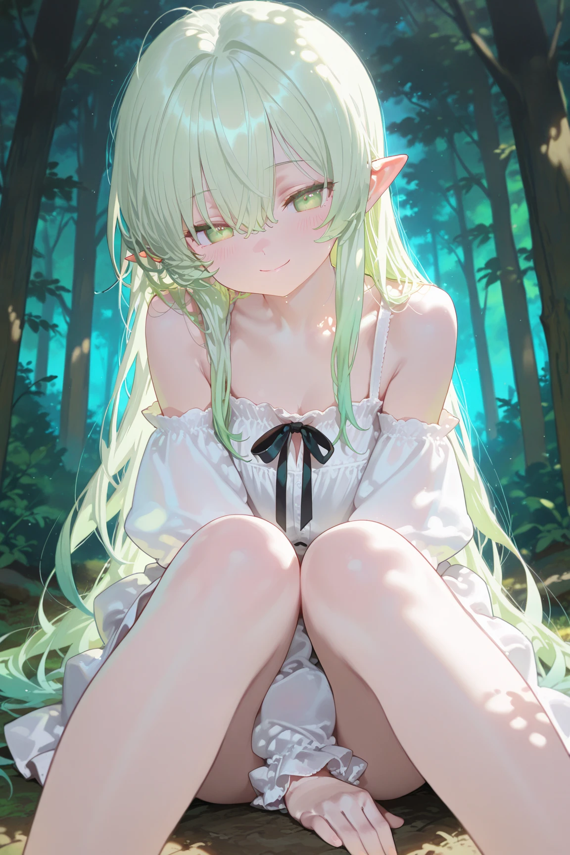 best quality, （masterpiece）, Solitary, 1 Girl,  us_Erindale,Green Eyes, Green Hair, 1 Girl,((whole body)),anatomically correct,Turn your back to the camera,Kneeling on the grass,Show your butt,Big ,Solitary, Pointed ears, Elf,angry expression,Bulging mouth， Pout ，shy，blush，Stare at this person，Lean forward,looking into camera,Pants slide down to knees,Expose panties,Show your butt蛋