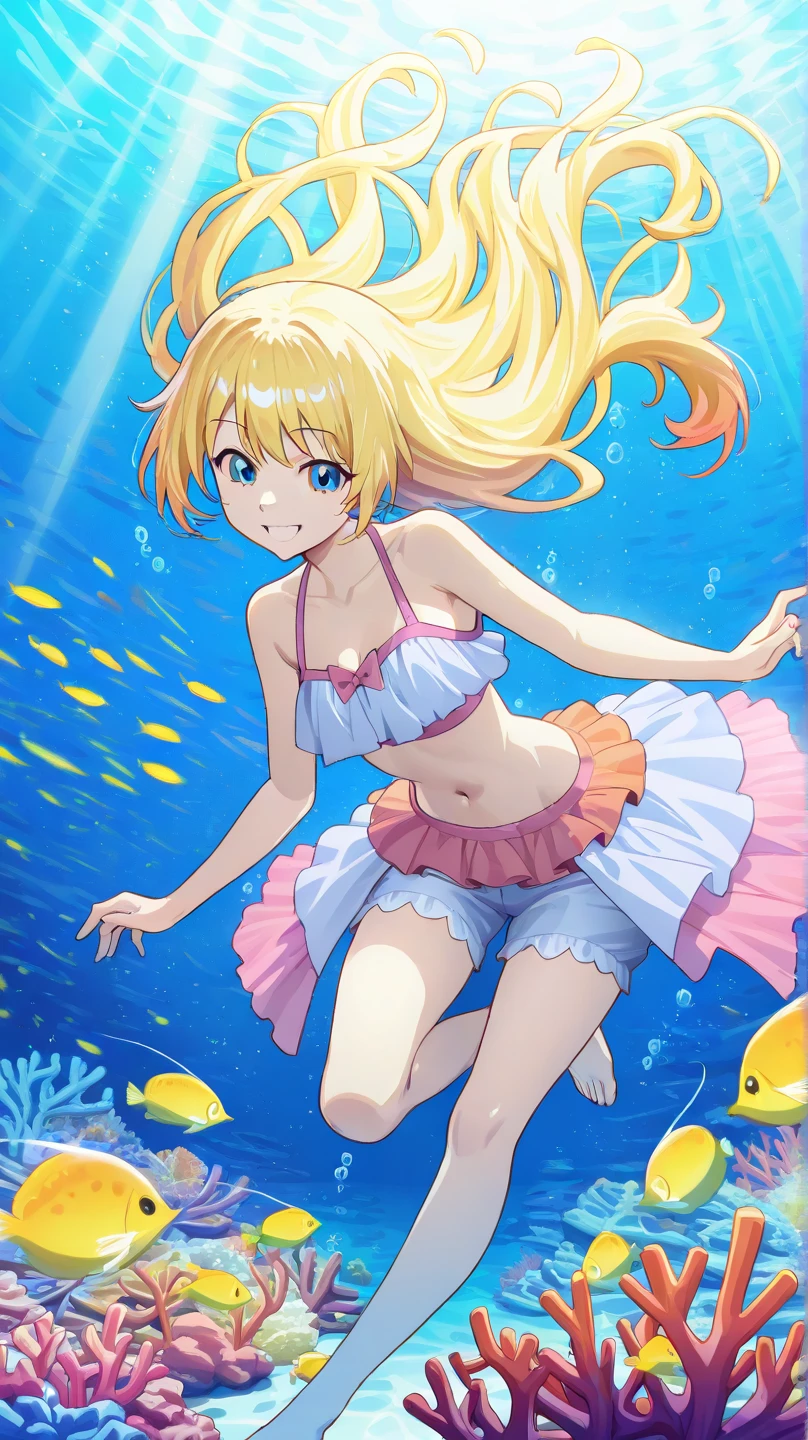 There is a girl swimming in the water, happy smile, sunny face, innocent girl, big, lots of blisters, bubbles, a lot of fish, cute digital painting, beautiful digital artwork, realistic effect, high texture