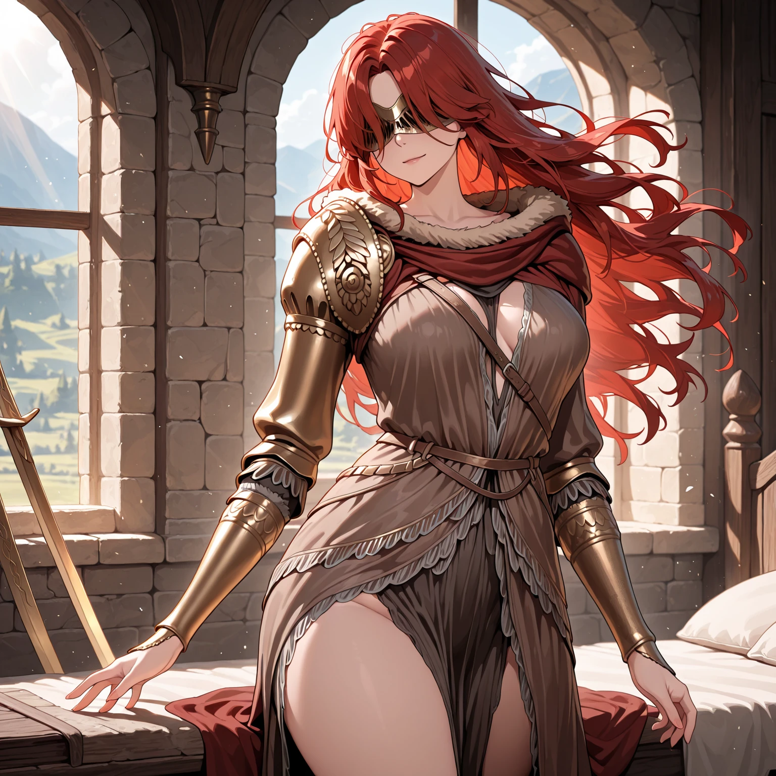 (masterpiece, high quality, highly detailed)
A beautiful demon woman, in her 30s, with goat-like horns. She has long, flowing red hair and piercing red eyes, with fair skin and pointed elf-like ears. Her body is beautifully curved. She stands in the midst of a crumbling castle, the aftermath of a fierce battle visible around her. Her face shows signs of fatigue, and she has various injuries on her body. She wears revealing medieval-style clothing, primarily in black, that accentuates her curves. The woman stands with her arms open in a dramatic or heroic pose, reminiscent of Homelander from The Boys. The background features the ruins of the castle, with debris and broken walls, adding a dramatic and melancholic atmosphere to the scene. The lighting is dramatic with dark tones, and the sky appears to be at twilight or dawn.