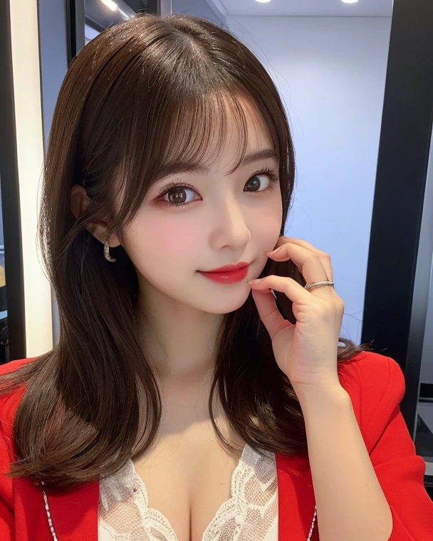 (highest quality、table top、8k、best image quality、Award-winning work)、(one young girl, :1.3)、(Perfect V-neck red long knit sweater:1.2)、(red eyeshadow:1.2)、perfect makeup、long eyelashes、Super high-definition sparkling eyes、ultra high definition hair、ultra high resolution glossy lips、Super high resolution perfect teeth、Super high resolution cute face、brown hair、(very short straight hair:1.1)、look at me and smile、[clavicle]、accurate anatomy、(close up of face:1.5)、Luxury love hotel、(The most moody warm lighting:1.2)、blurred background、With bangs、Super high-resolution glossy and moisturized face、Super high resolution glowing skin、most detailed face、Ultra high resolution detailed faces、ultra high resolution hair、Super high resolution sparkling eyes、Beautiful face drawn in every detail、Super high resolution glossy red lips、big breasts、cleavage