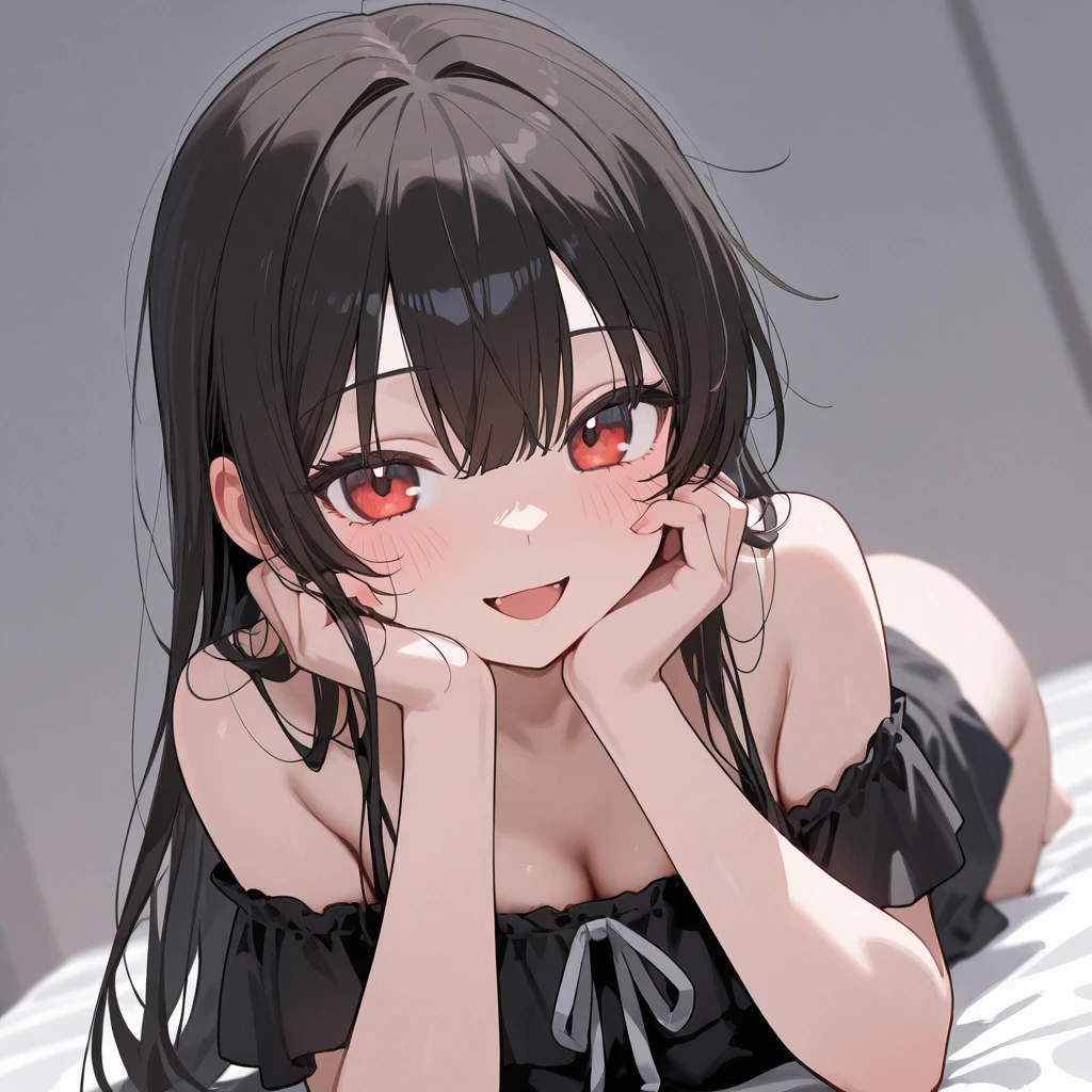black hair,red eyes,(((bikini))),long hair((blush))