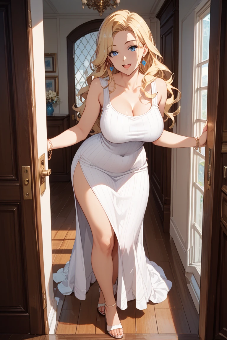 An extremely beautiful busty woman with blonde long hair, big blue eyes, extremely super bright snow white fair stunning flawless glowing lush shiny flawless white skin, a perfect tight hourglass figure, and a skinny waist, wearing a short loose sexy silky revealing brown nightgown, white slippers, gold necklace on the neck, gold anklets on her feet, standing straight, hallway in the background, show full body from head to feet.