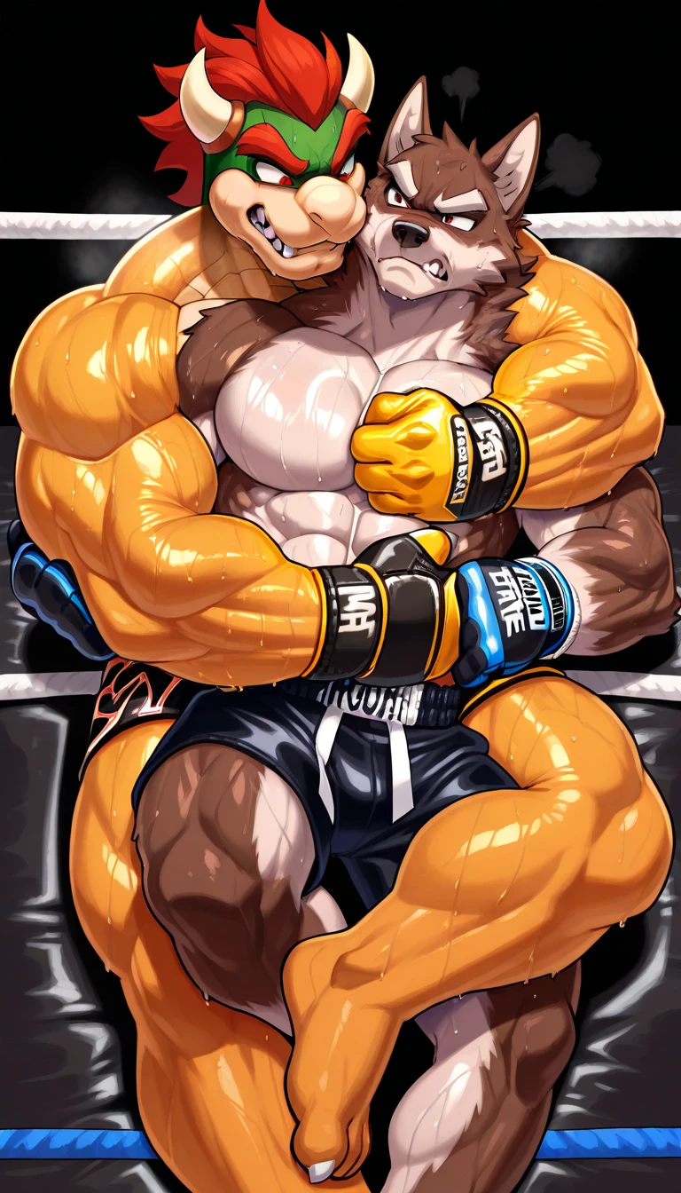 Detailed picture of a male wrestler anthro, (monkey, brown, lean body, long tail) streached at full length on he's back on a wrestling ring, trending on Art Station, Ross Tran, ruan jia, foxovh, ((exhausted expression, get soaked, closing eyes, wearing black wrestler pants, wearing wrestling protective gear, (((dynamic lighting,))), cartoon, composition from directly above