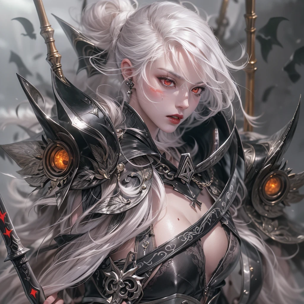 In the middle of ruined old castle there is beatiful undead lich queen who stand under the stary night sky, she have beatiful face, long silver hair with pink highlights her eyes is emerald green red lipsick and smoky eyes make up, her naked tattooed body cover only with black transparent spider web vail, (ultra high quality fantasy art, dark fantasy style, masterpiece, ultra high quality character design, 8k quality anime art, realistic anime art, top quality wallpaper illustration, detailed ultra high quality accurate face, high quality design and accurate physic)