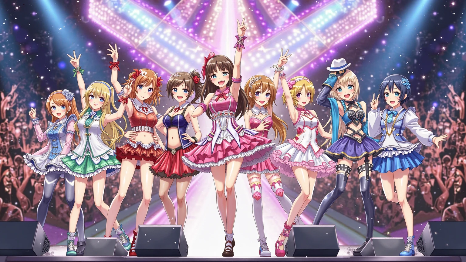 ((masterpiece、Highest quality、Official Art))、snap shot、Idol Concert、Concert Stage、(3人のcute naked girls、12 years old、smile、sing、dance、Ribbon headband、Ultra mini skirt:1.2、Idol Costumes:1.3 )、Exposing the breasts、Hair of different colorr.々Hair style、(((Full nudity、Pussy、cute)))、(Sweat a lot、Glowing Skin)、Anime key visual, ((The characters are unique))